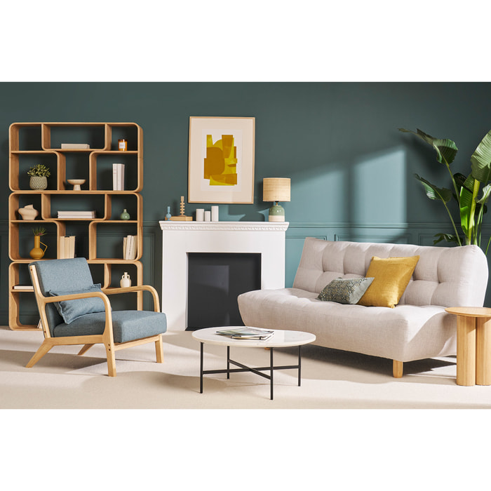 Fauteuil scandinave en tissu vert de gris et bois clair massif DERRY