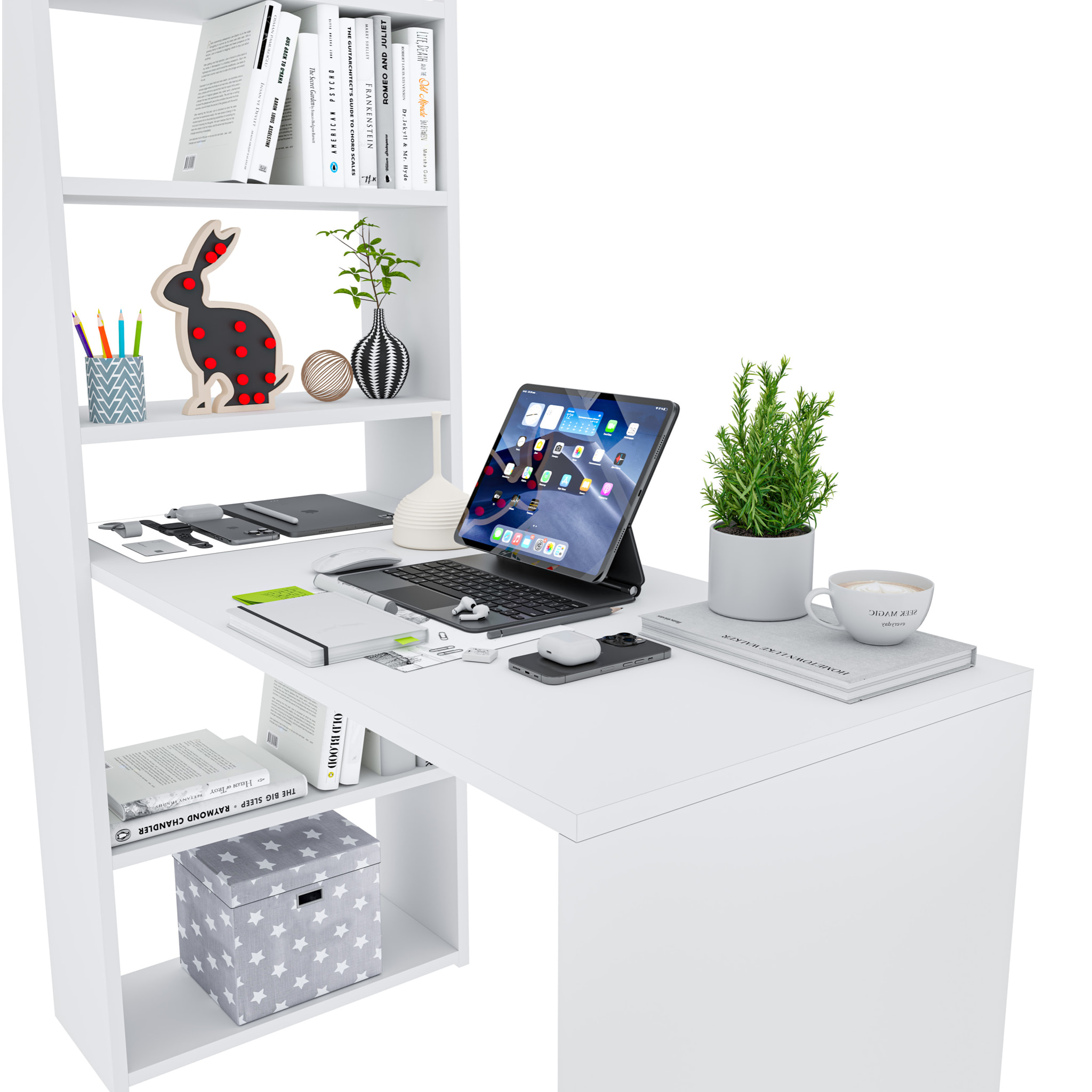 Scrivania Con Libreria Reversibile Salvaspazio Kirkensen Scrittoio Scaffali Laterali Mobile Desk Postazione Pc Studio 120 x 144 x 53 cm Bianco