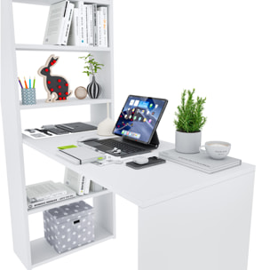 Scrivania Con Libreria Reversibile Salvaspazio Kirkensen Scrittoio Scaffali Laterali Mobile Desk Postazione Pc Studio 120 x 144 x 53 cm Bianco