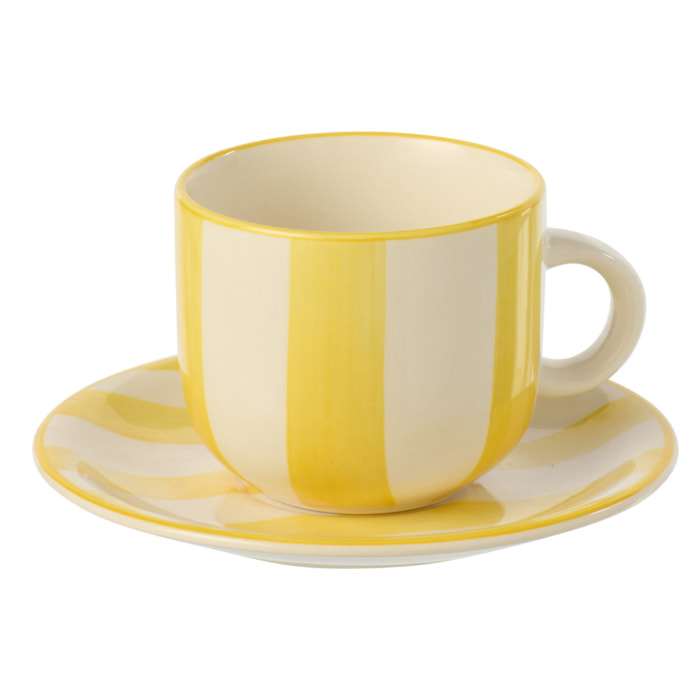 J-Line Tasse + Sous-tasse Ligné - céramique - jaune/blanc - 6 pièces