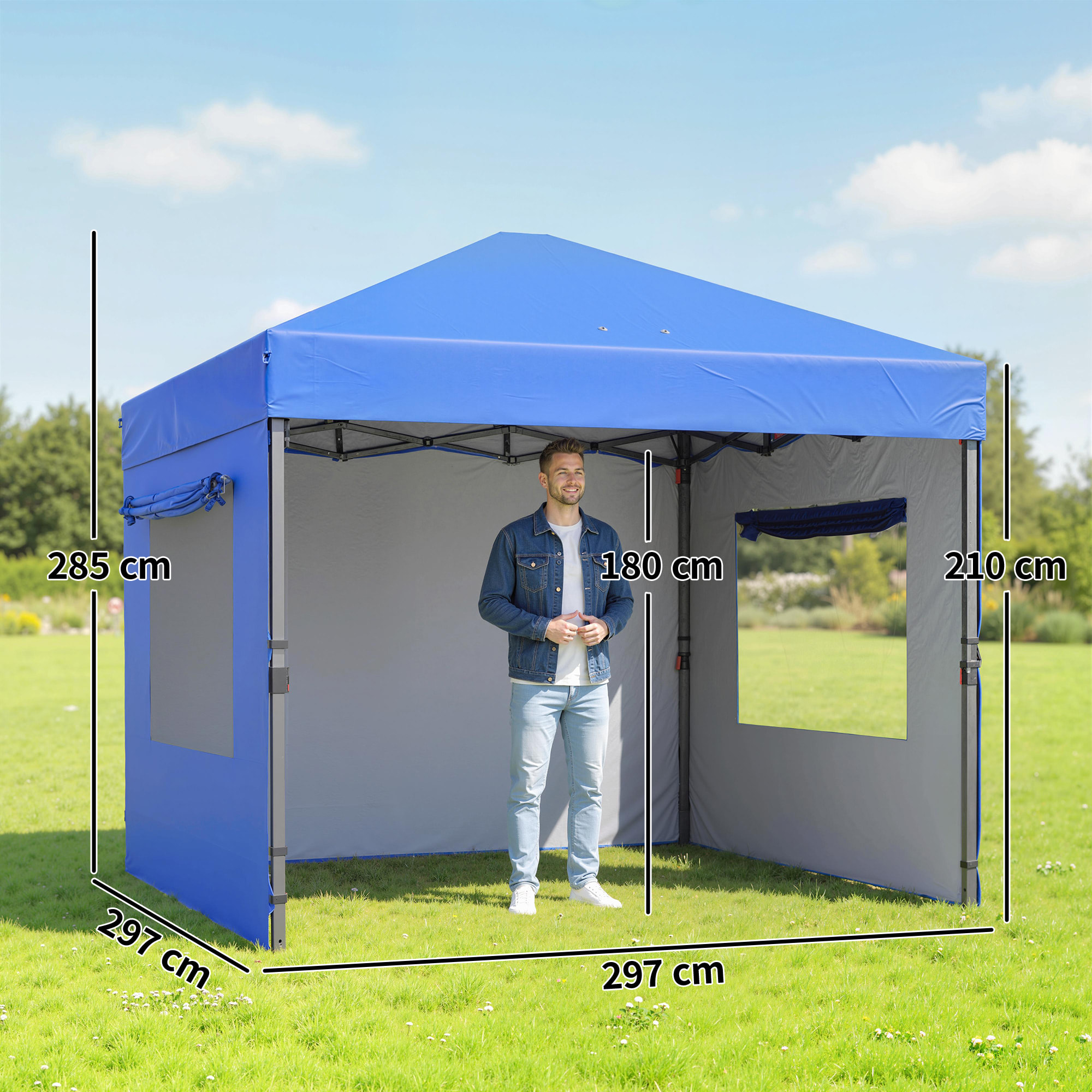 Carpa Plegable 3x3 m, Pop-up, Cenador Pabellón de Jardín con 3 Paredes Laterales, 2 Ventanas Malla, UPF50+, Altura Ajustable 3 Niveles, Bolsa Transporte, Sacos Arena, Gazebo Exterior, Azul
