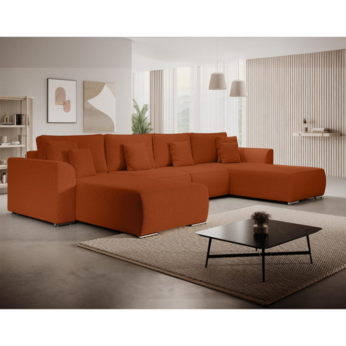 Gabriel - Canapé panoramique en U 7 places convertible avec coffre en tissu texturé - Rouge