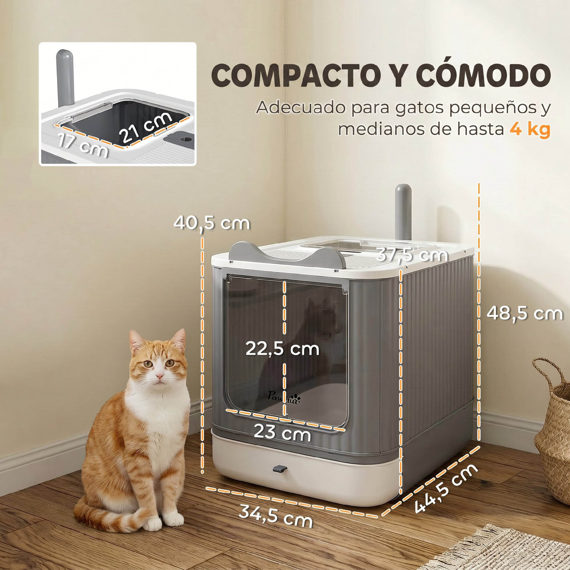 Arenero para Gatos Cubierto M, Caja de Arena para Gatos Medianos, Arenero con Tapa Abatible, Entrada Frontal, Salida Superior, Pala, Bolsas Desodorantes, Fácil de Limpiar, Antifugas, Blanco