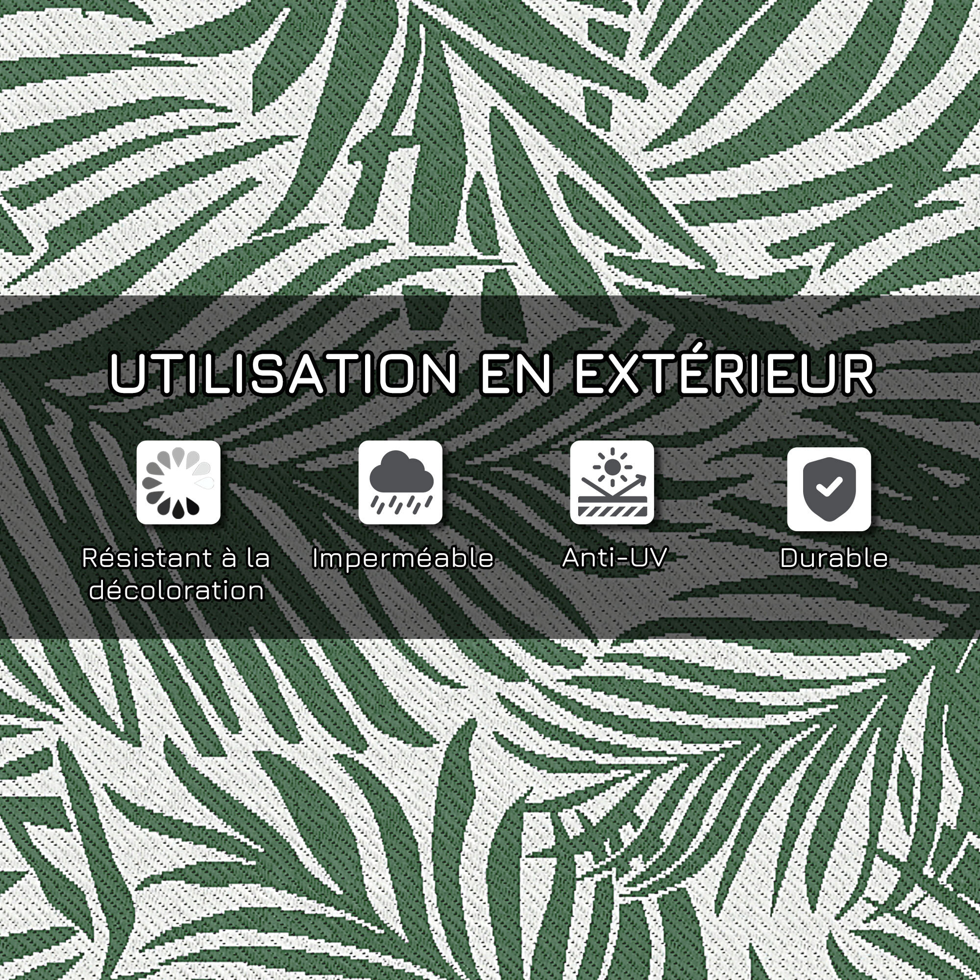 Tapis extérieur motif feuilles - tapis réversible - dim. 2,43L x 1,52l m, ép. 3 mm - PP haute densité 310 g/m² vert blanc