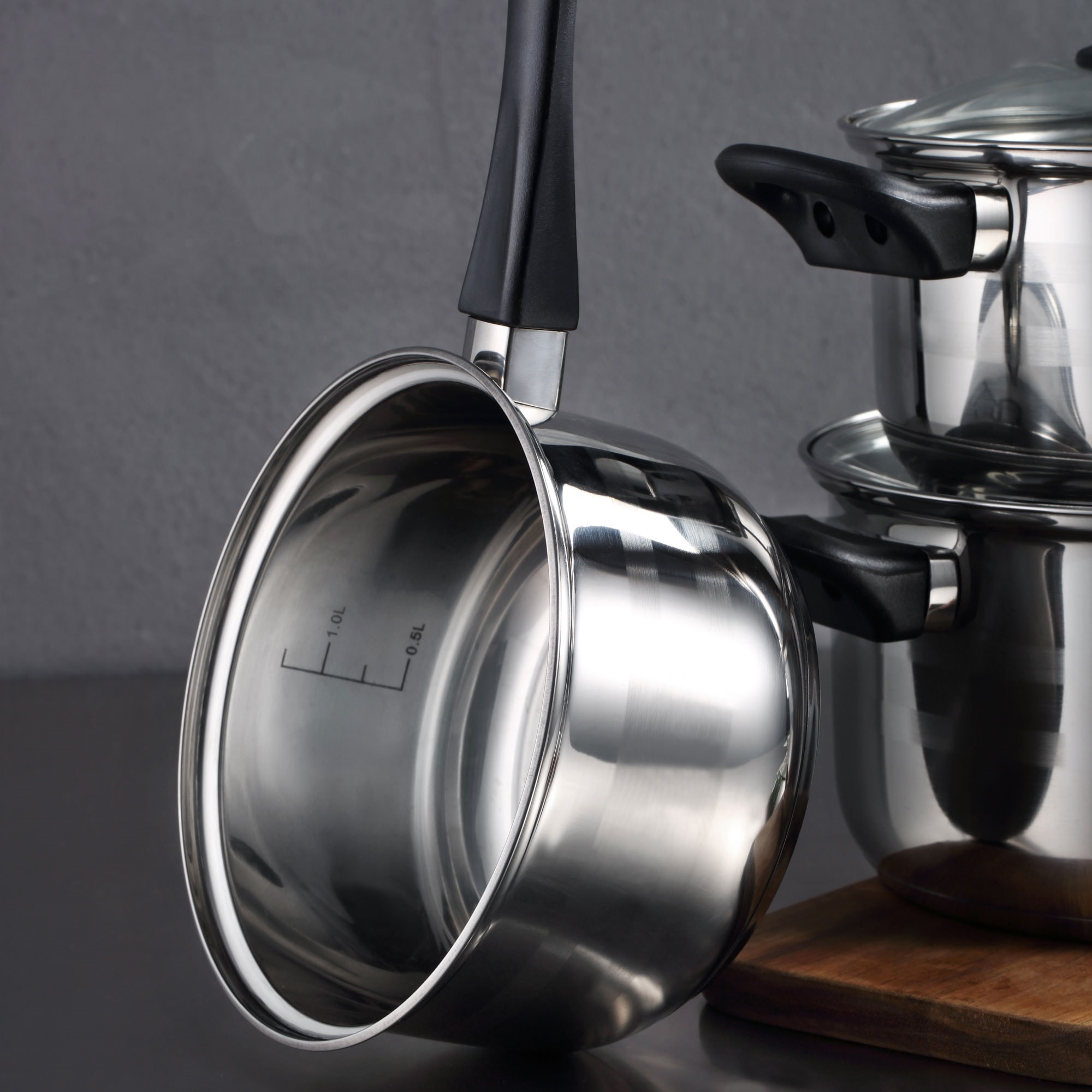 set de batería de cocina de 5pc en acero inoxidable + 3 sartenes ø16ø20ø24cm cobre metalizado en aluminio prensado