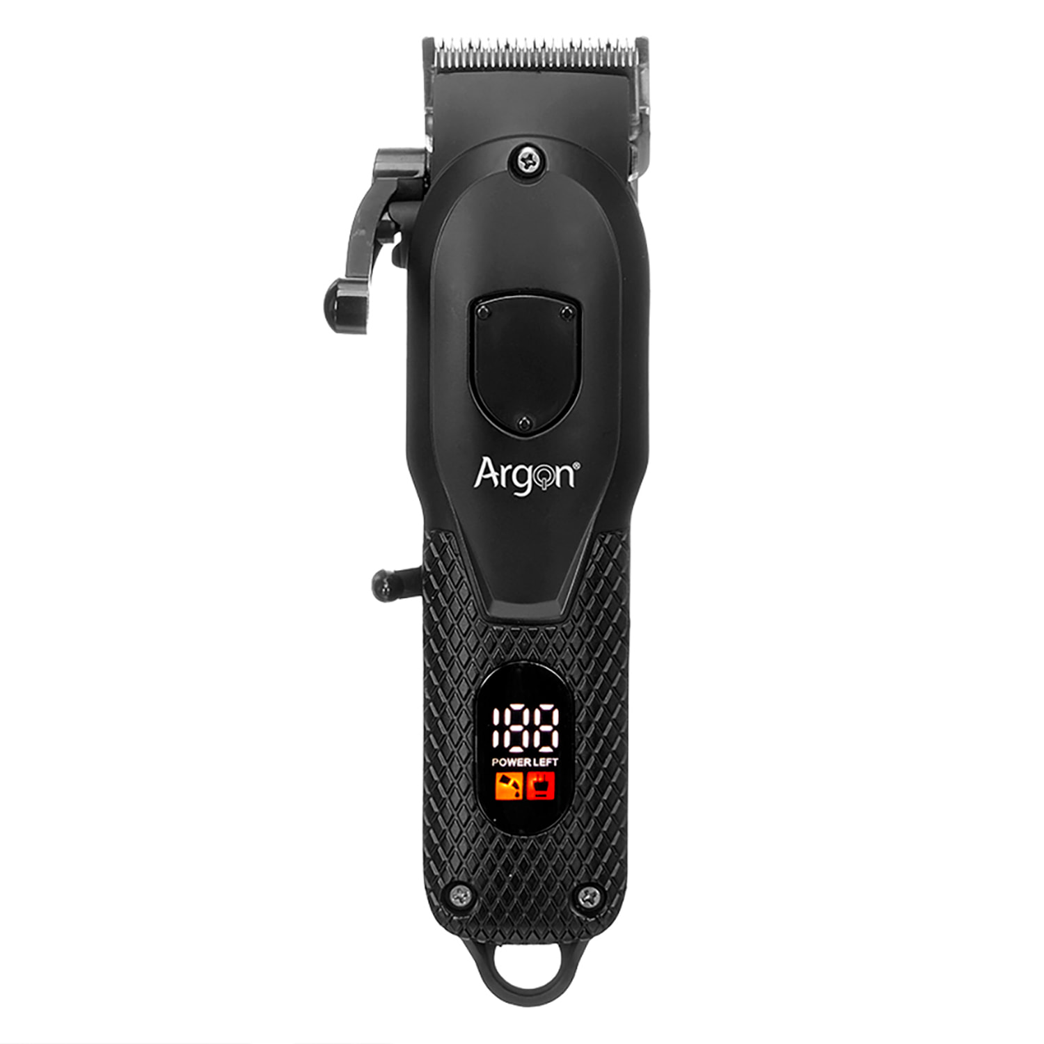 Macchina da taglio professionale nera con accessori. Batteria ricaricabile da 1200mAh. Include 4 Pettini (1,5-3,5-4,5-5,5 mm).