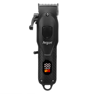 Macchina da taglio professionale nera con accessori. Batteria ricaricabile da 1200mAh. Include 4 Pettini (1,5-3,5-4,5-5,5 mm).