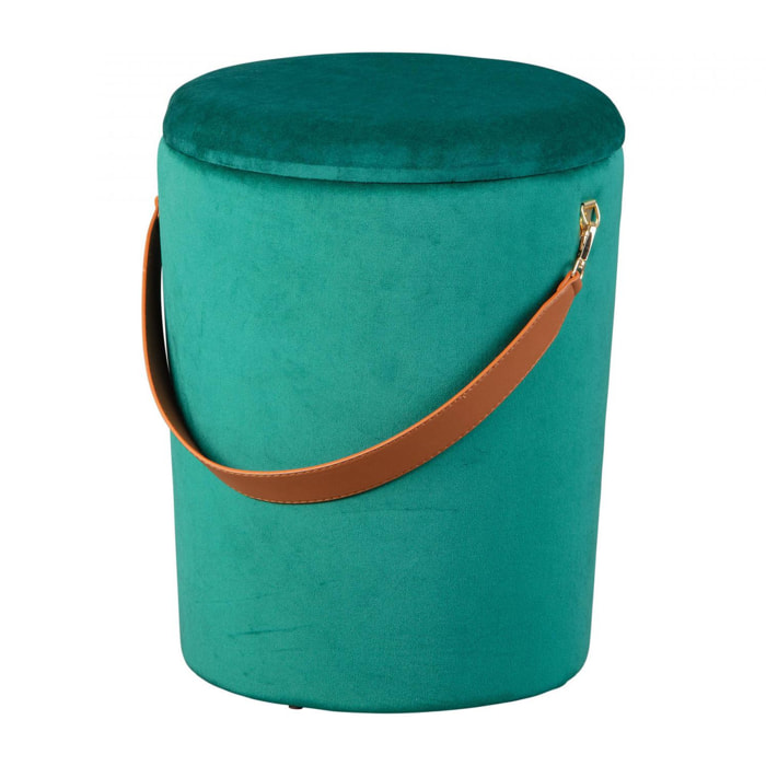 Pouf secchiello contenitore in velluto e maniglia in ecopelle, colore verde, cm 35x35x45