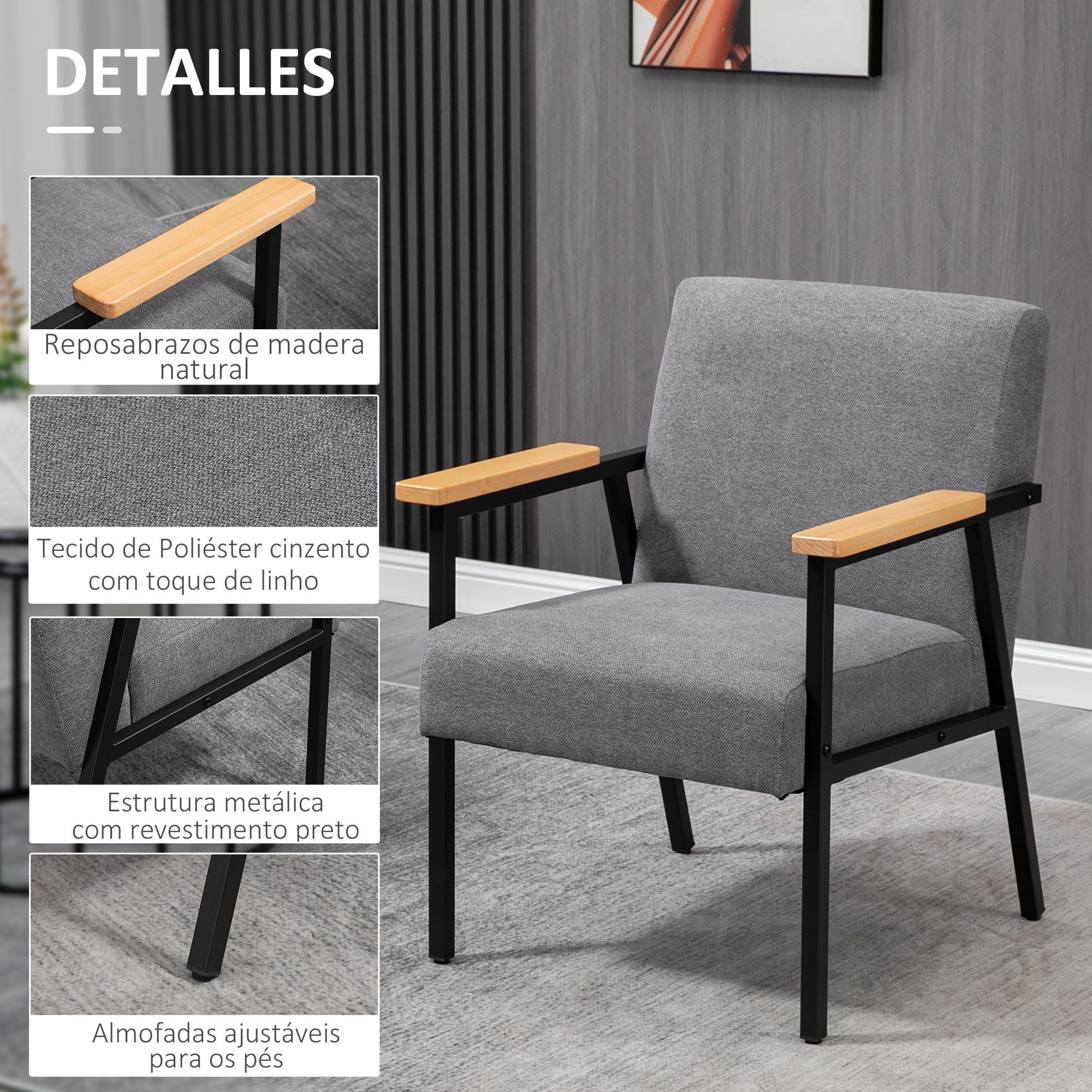 Butaca de Salón Sillón Decorativa Moderna Tapizado en Poliéster con Reposabrazos de Madera y Patas de Acero para Cocina Oficina Dormitorio 64,5x70x83,5 cm Gris