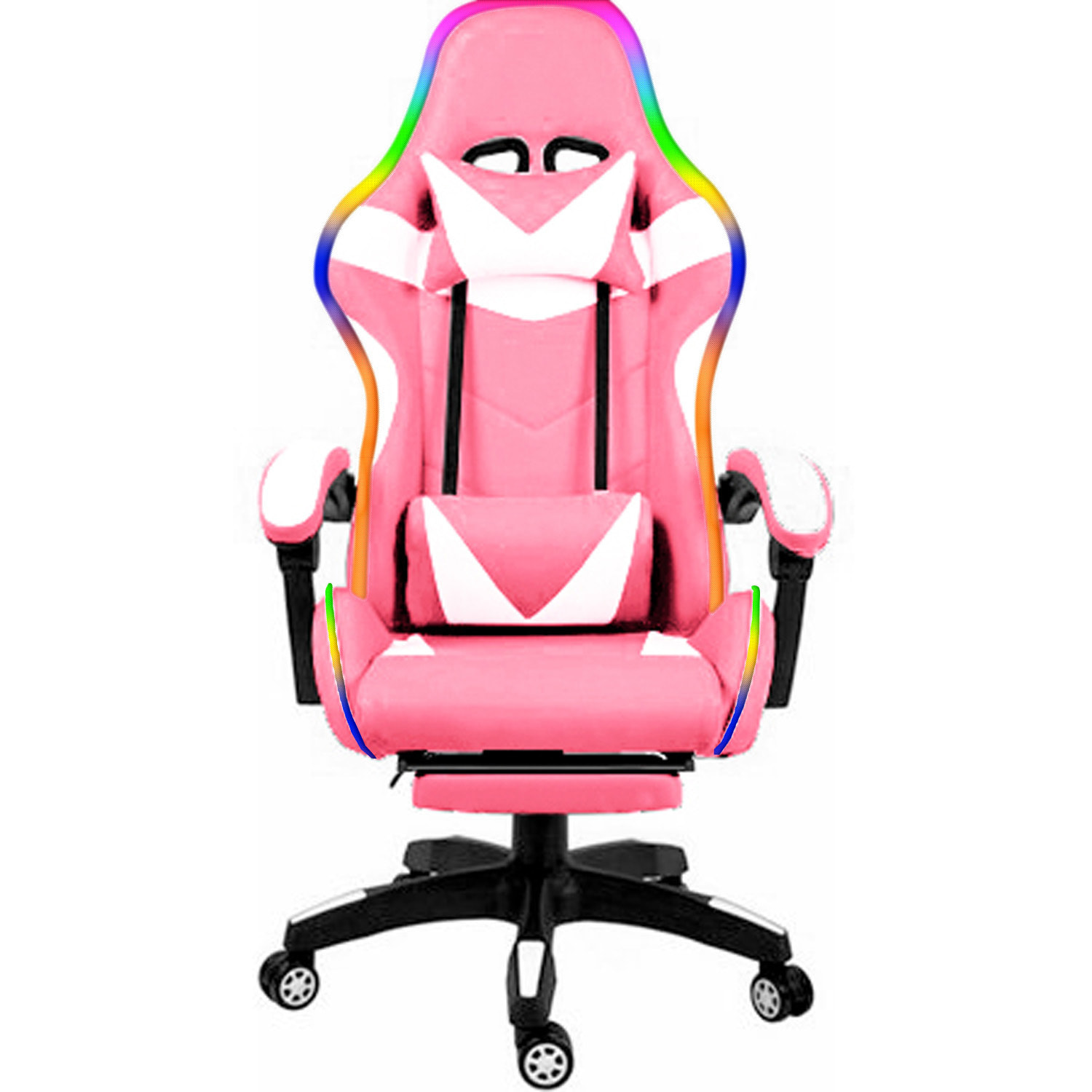 Sedia Gaming Con LED RGB Telecomando Poltrona Ufficio Scrivania Casa PC Racing Girevole Ergonomica Ecopelle Cuscino Lombare Poggiapiedi Rosa E Bianco