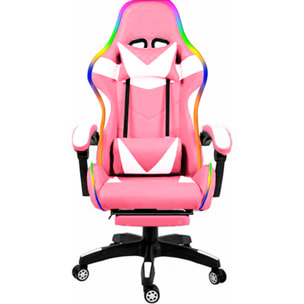 Sedia Gaming Con LED RGB Telecomando Poltrona Ufficio Scrivania Casa PC Racing Girevole Ergonomica Ecopelle Cuscino Lombare Poggiapiedi Rosa E Bianco