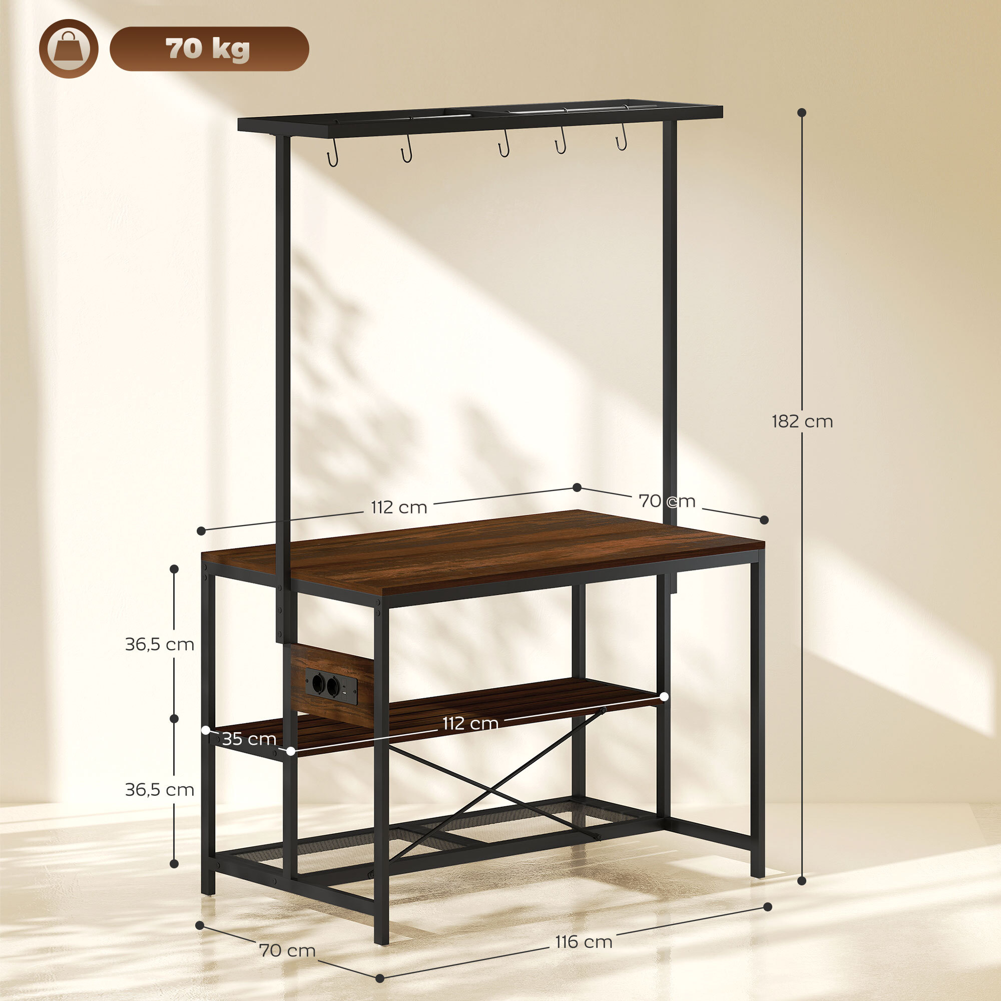 Estantería de Cocina con Toma de Corriente Estante de Cocina Industrial con Estantes Ganchos Mueble Auxiliar para Comedor Salón 116x70x182 cm Marrón Rústico