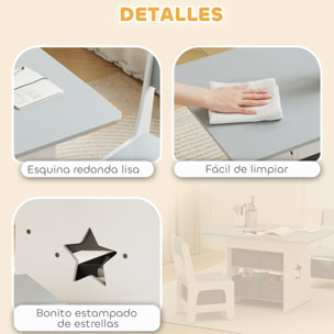 Mesa Infantil con 2 Sillas, Mesa y Sillas Infantil con 6 Cajones de Tela, Diseño Estrellas, para Niños y Niñas de 3-8 Años, para Hogar, Guardería, Aulas, Gris Claro