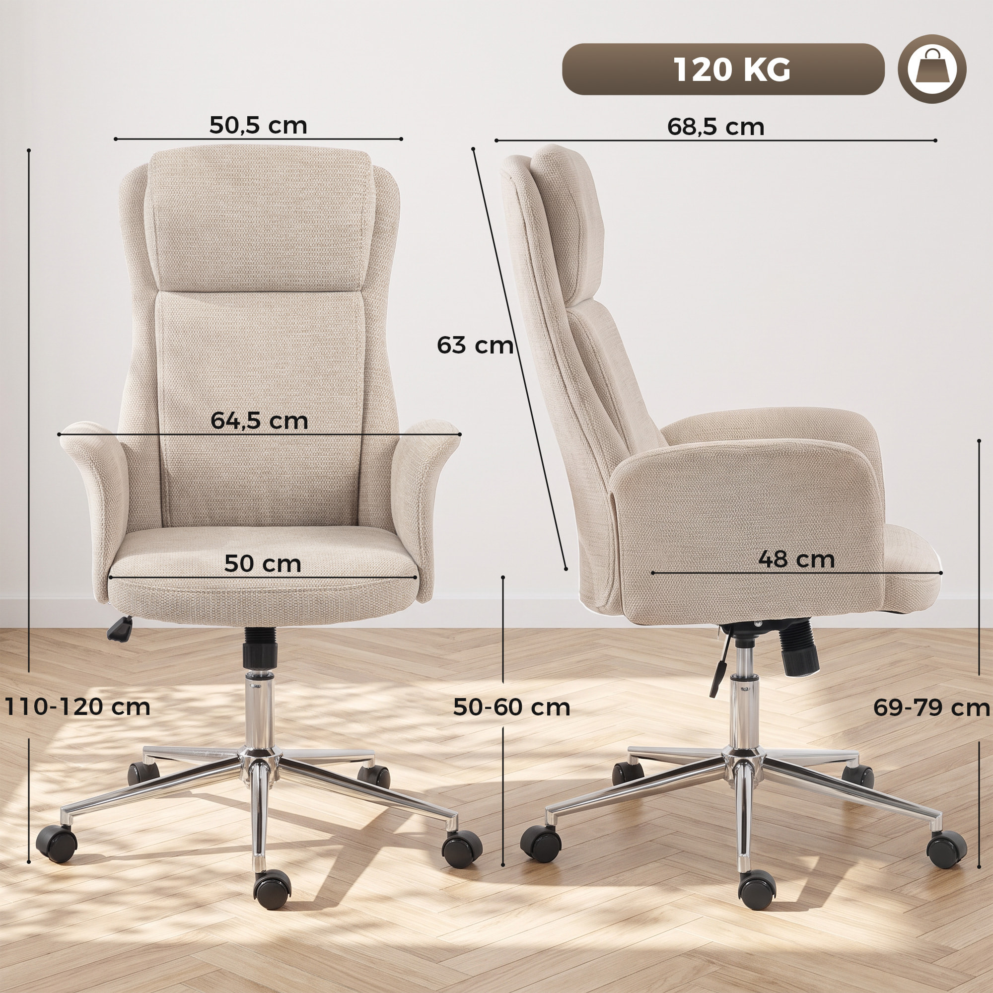 HOMCOM Silla de Escritorio Giratoria Tapizada en Chenilla, Silla de Oficina con Respaldo Alto, Función de Balanceo, Altura Ajustable, Reposabrazos Acolchados y Ruedas de PU, Beige