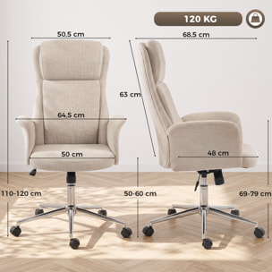 HOMCOM Silla de Escritorio Giratoria Tapizada en Chenilla, Silla de Oficina con Respaldo Alto, Función de Balanceo, Altura Ajustable, Reposabrazos Acolchados y Ruedas de PU, Beige