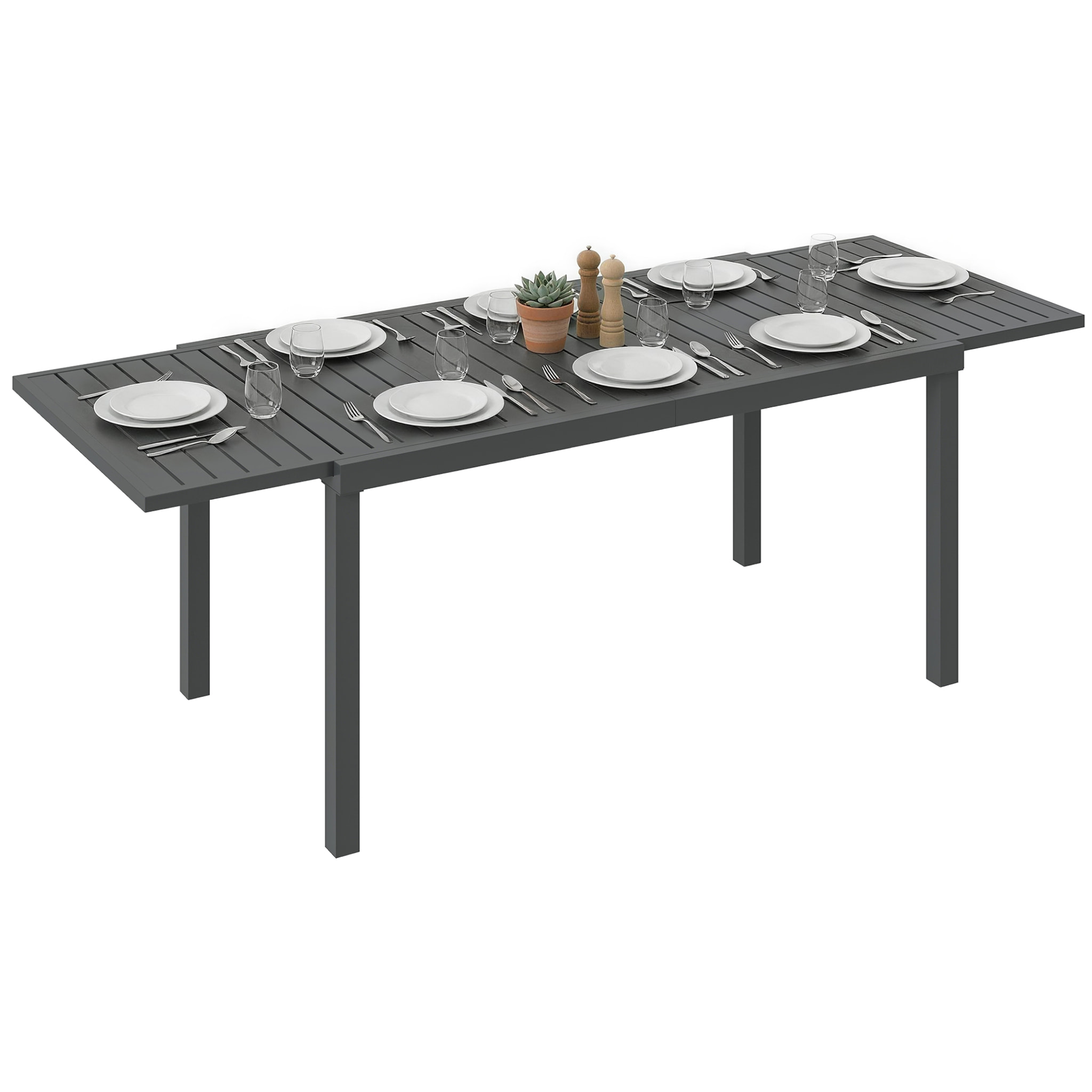 Mesa de Jardín Extensible 150/225x85x75 cm, Mesa de Comedor Exterior Extensible Rectangular de Aluminio, con Tablero de Listones para 6-8 Personas, para Patio, Terraza, Gris Oscuro