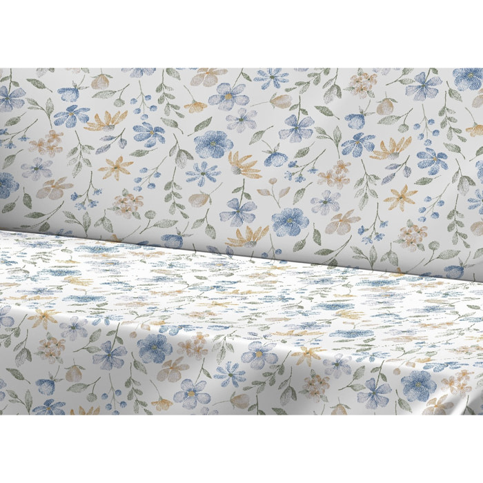 Telo Arredo Copritutto Grand Foulard Copridivano Copriletto 100% Cotone Disegno Primavera Azzurro