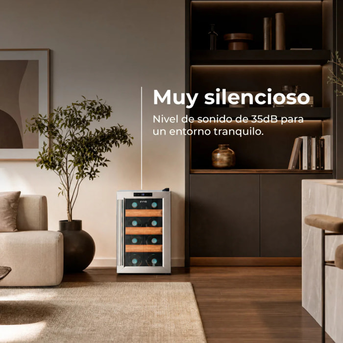 EVVO Vinoteca para 8 botellas VT8 Inox, termoeléctrica, 8–18ºC regulable, ultra silenciosa 35 dB, panel táctil, luz LED interior