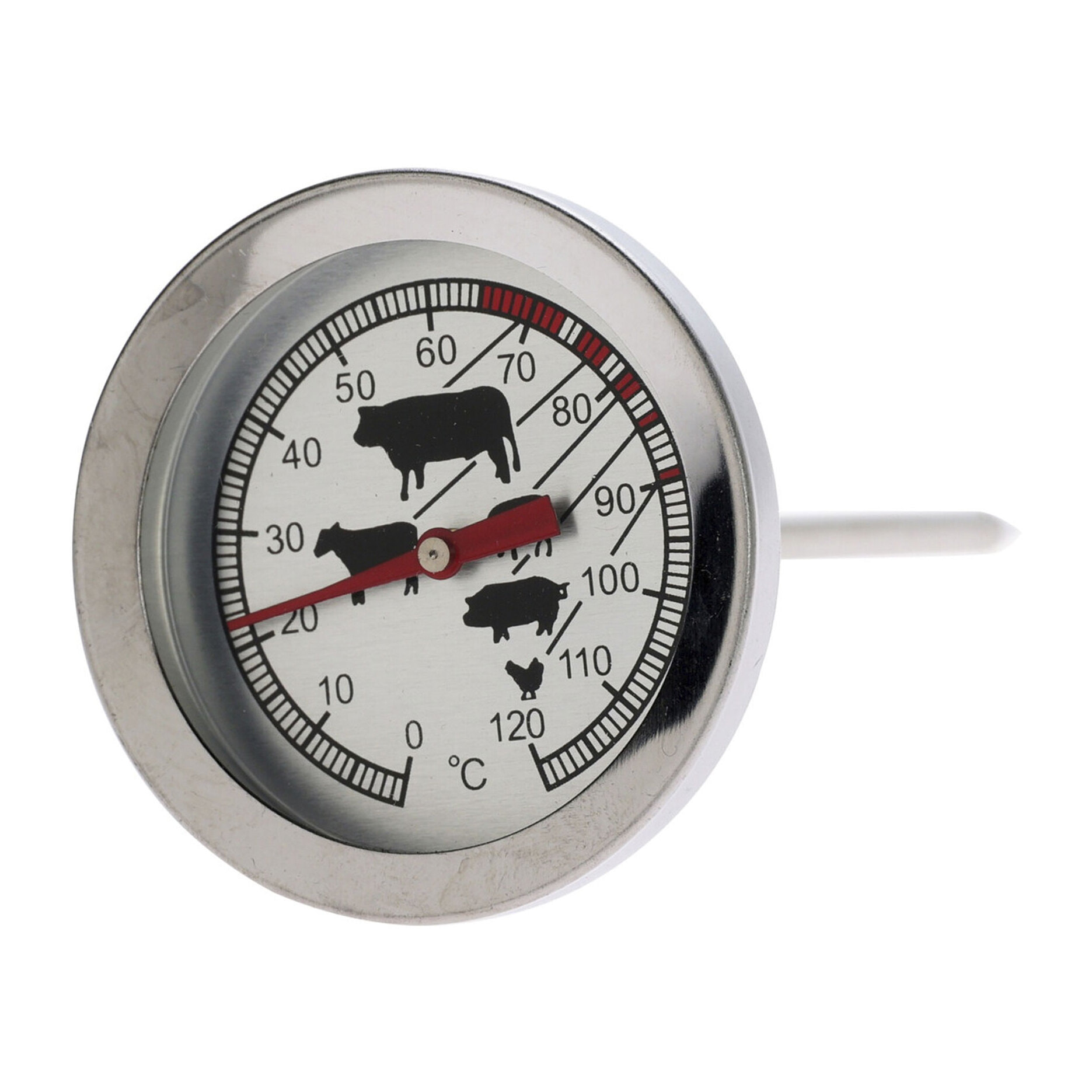 termómetro para carne de acero inoxidable - resistente hasta 300 grados - indicador de temperatura hasta 120 grados