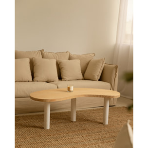 Mesa de centro de madera maciza formas orgánicas sobre en tono roble medio y patas tono blanco de varias medidas