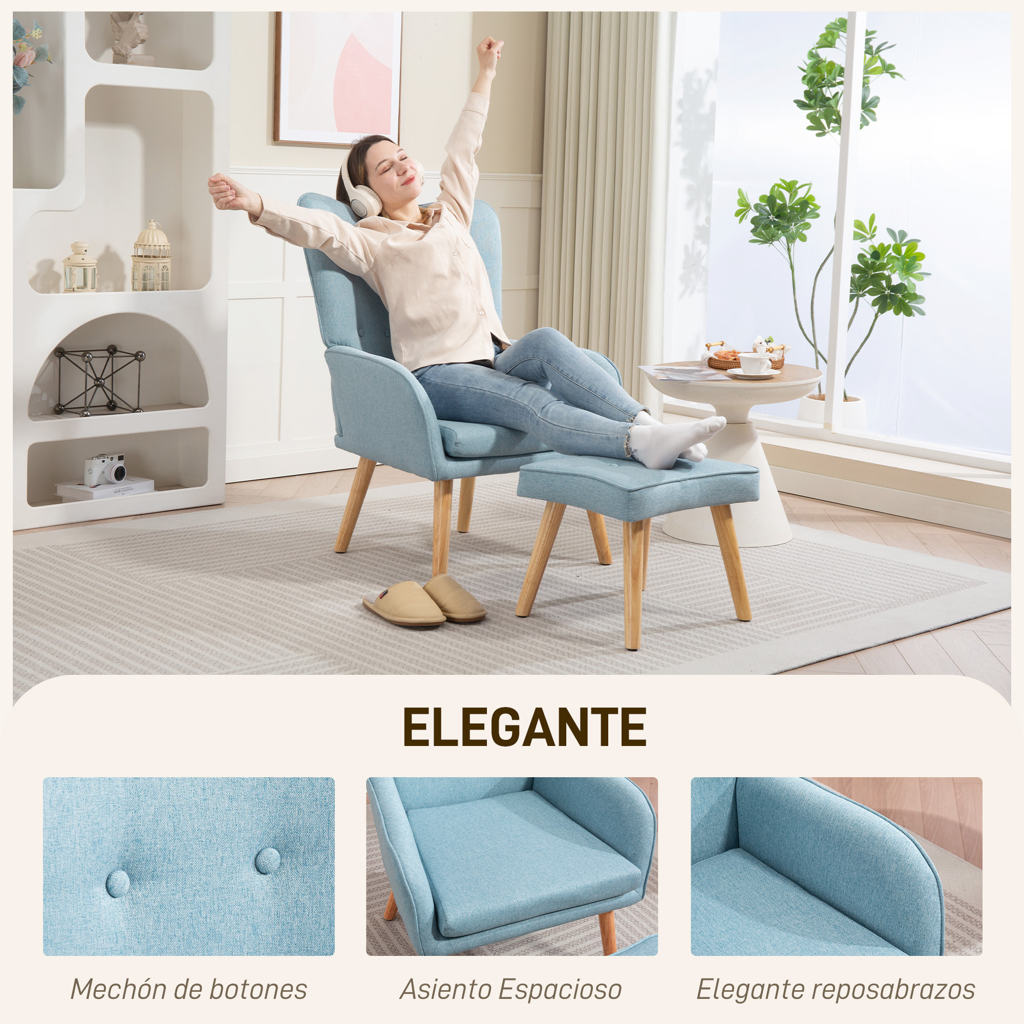 Sillón con Reposapiés Sillón Lectura con Respaldo Alto Capitoné Patas de Madera y Tapizado en Lino Butaca para Salón Dormitorio Oficina Azul Claro