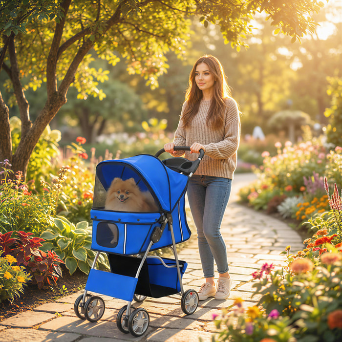 PawHut Carrito para Perros Gatos Plegable hasta 10 kg, Cochecito para Perros Pequeños con Ruedas de EVA y Frenos, Cesta de Almacenaje, Ventanas de Malla, Portavasos, Cojín Lavable, 77x44x102 cm, Azul