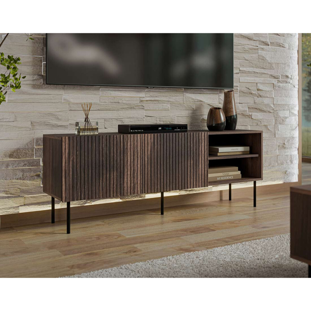 Franco - meuble tv - effet bois - 2 portes et 2 niches - 150 cm - Bois / Noir