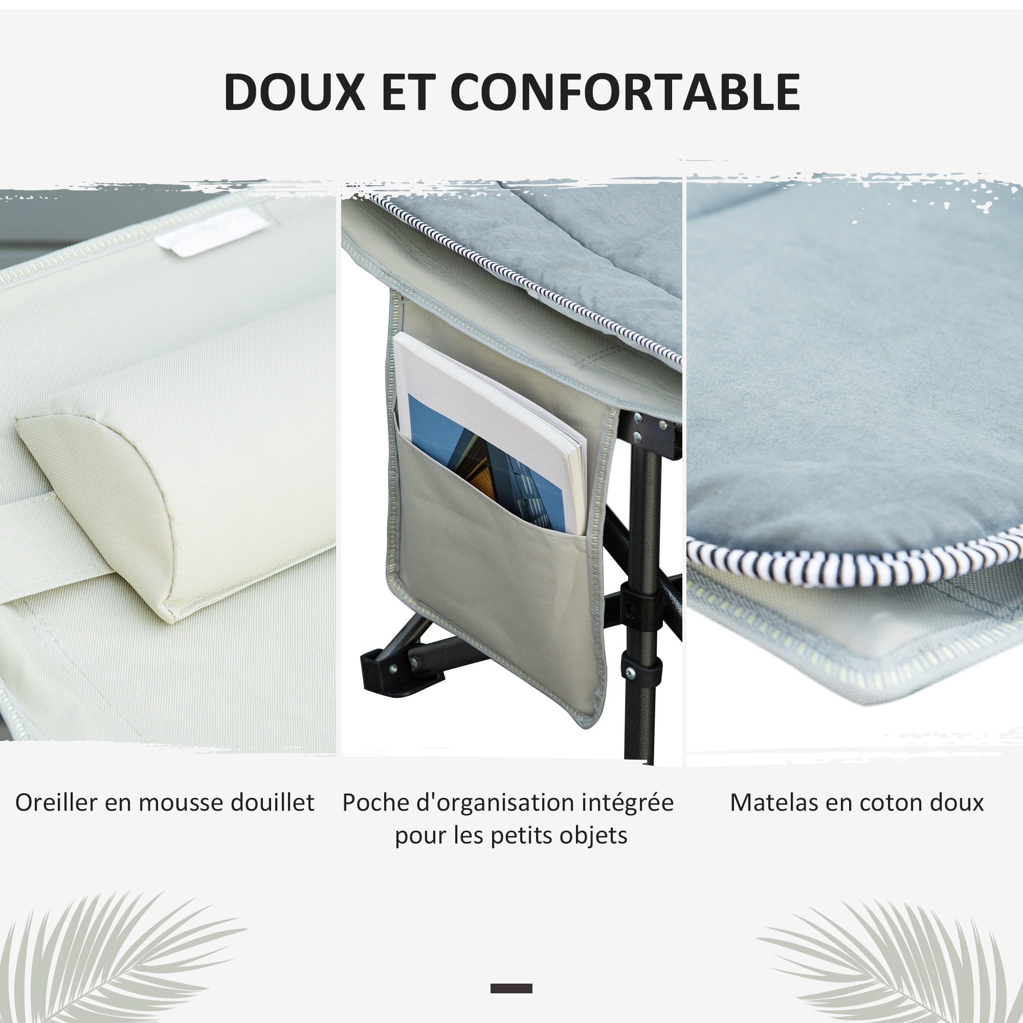 Lit de camp lit d'appoint pliable - pochette rangement, tétière, sac de transport, matelas inclus métal Oxford gris