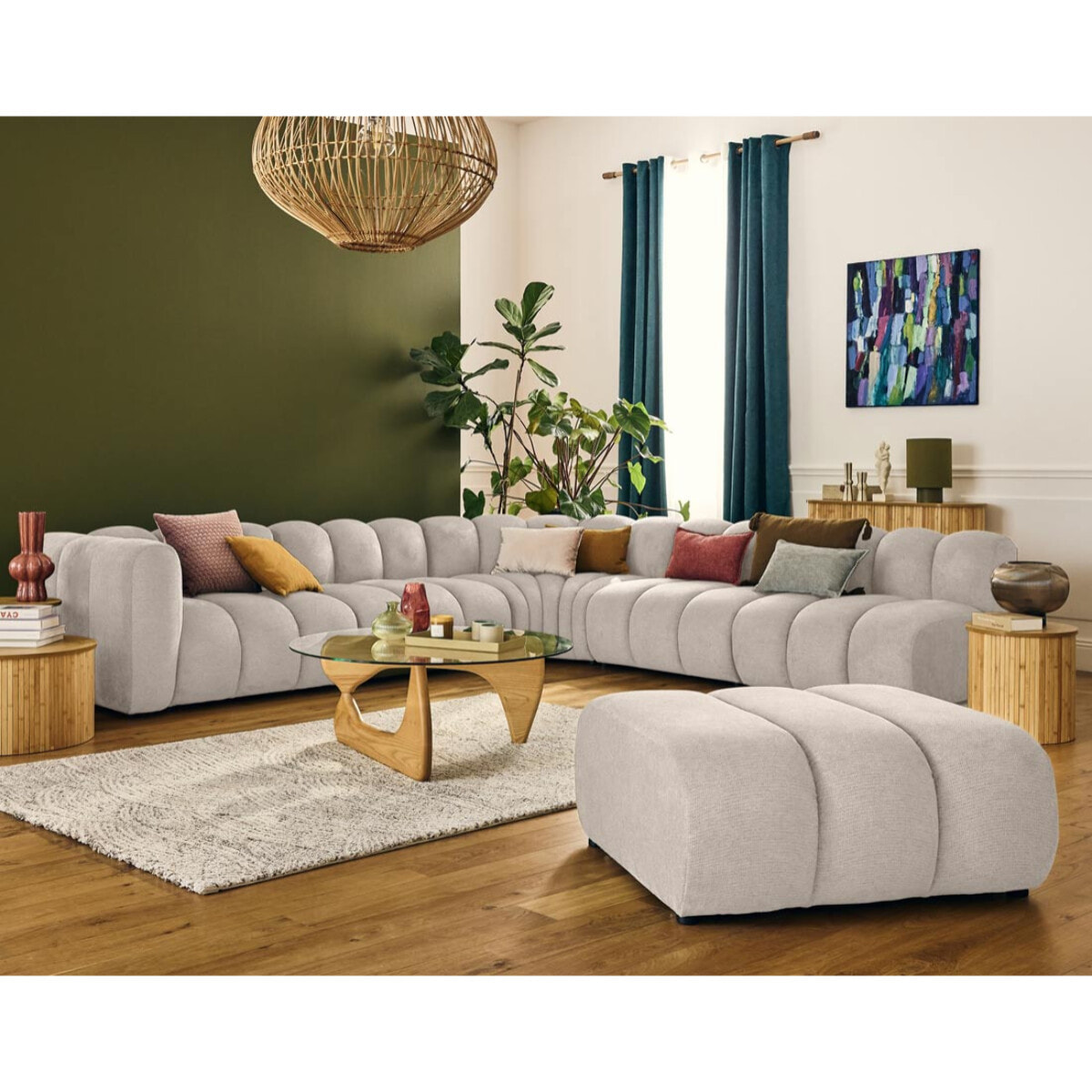 Debbie - canapé modulable d'angle droit 5 places en tissu texturé - Beige