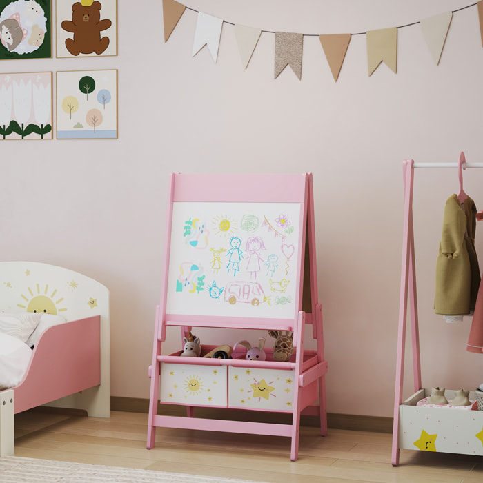Tableau chevalet enfant - tableau blanc, tableau à craie, rouleau papier 3 en 1 - paniers rangement intégrés - MDF pin rose