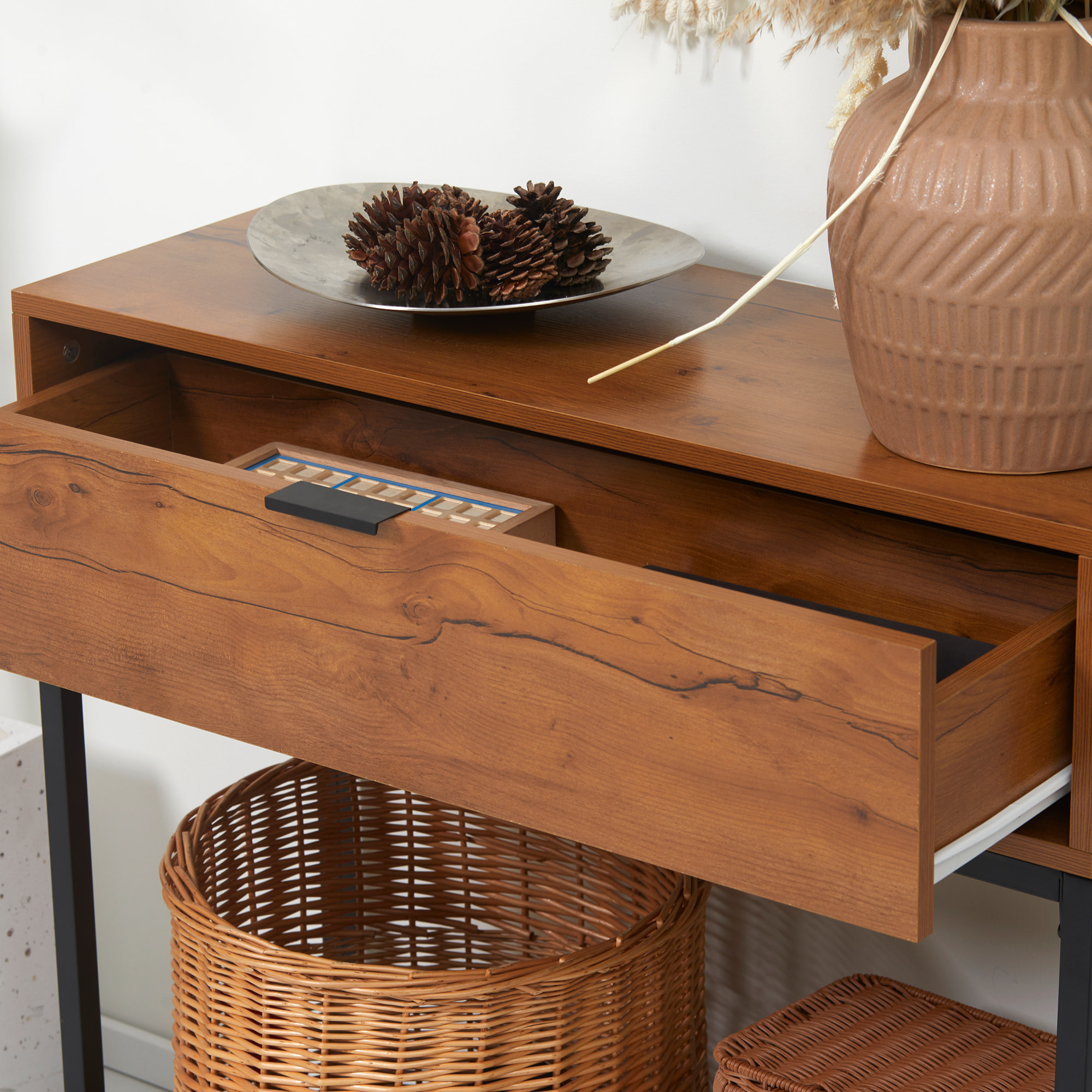 Console design - grand tiroir - dim. 80 x 30 x 76 cm - acier noir effet bois noyer