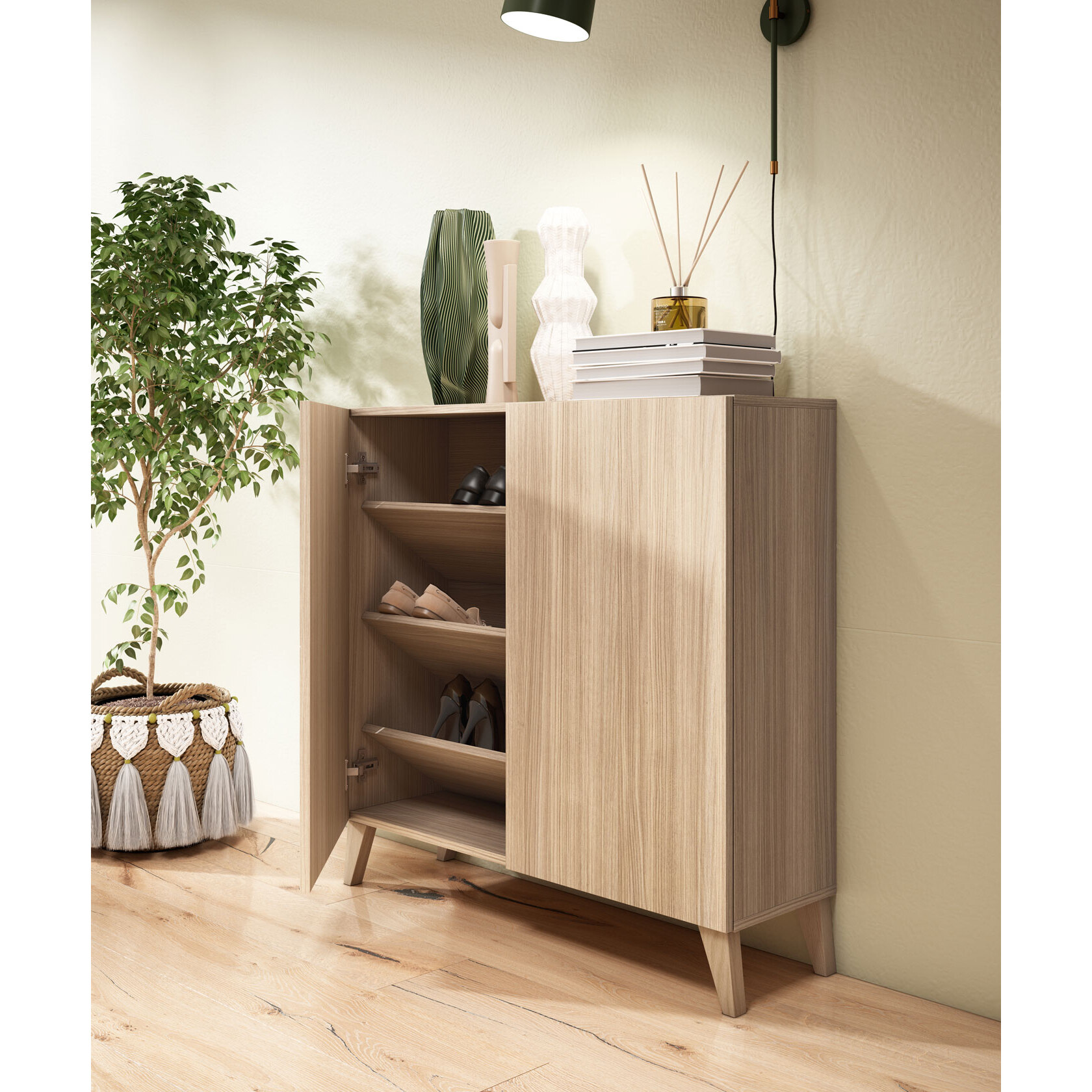 Zapatero Bergen melamina nogal claro patas nogal claro 87x90x27 cm