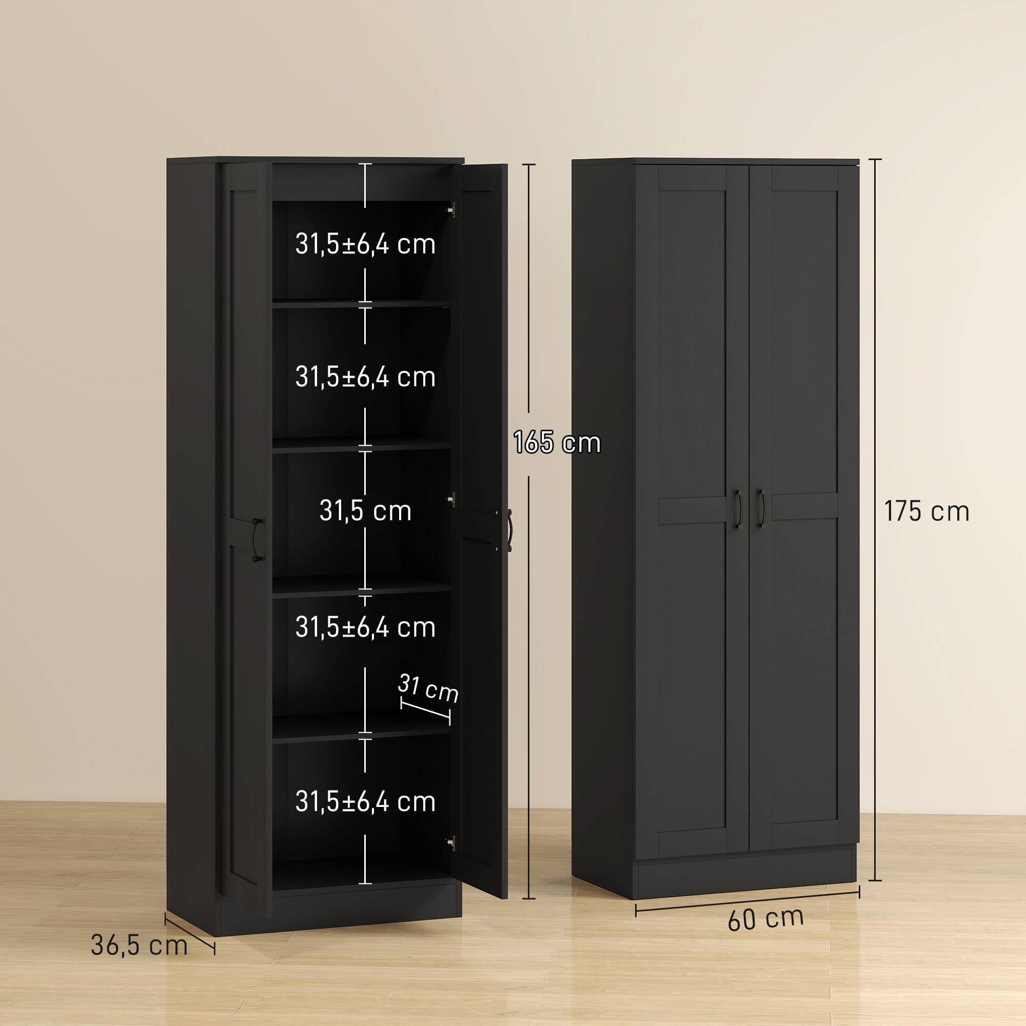 Armoire 2 portes 4 étagères dim. 60L x 36,5l x 175H cm poignées métal noir panneaux noir