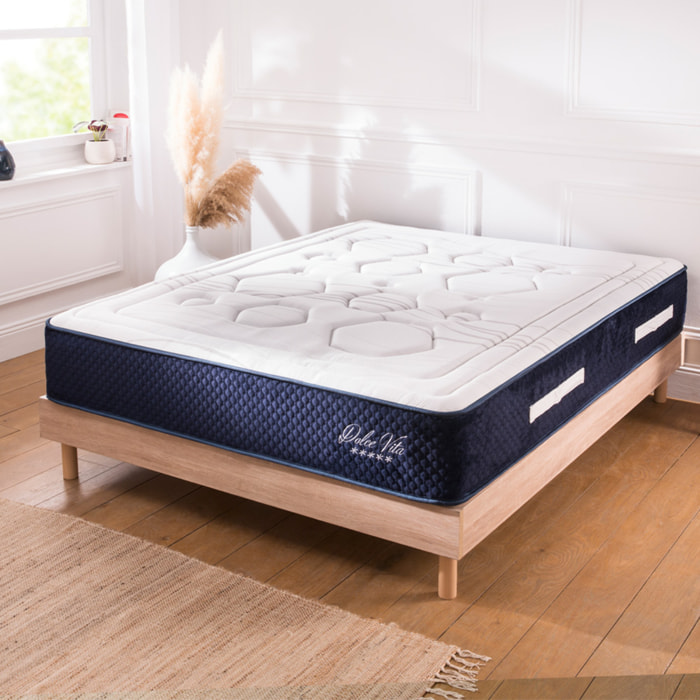 Ensemble DOLCE VITA Matelas Ressorts Ensachés + Mémoire - 28 cm + Sommier Kit Bois