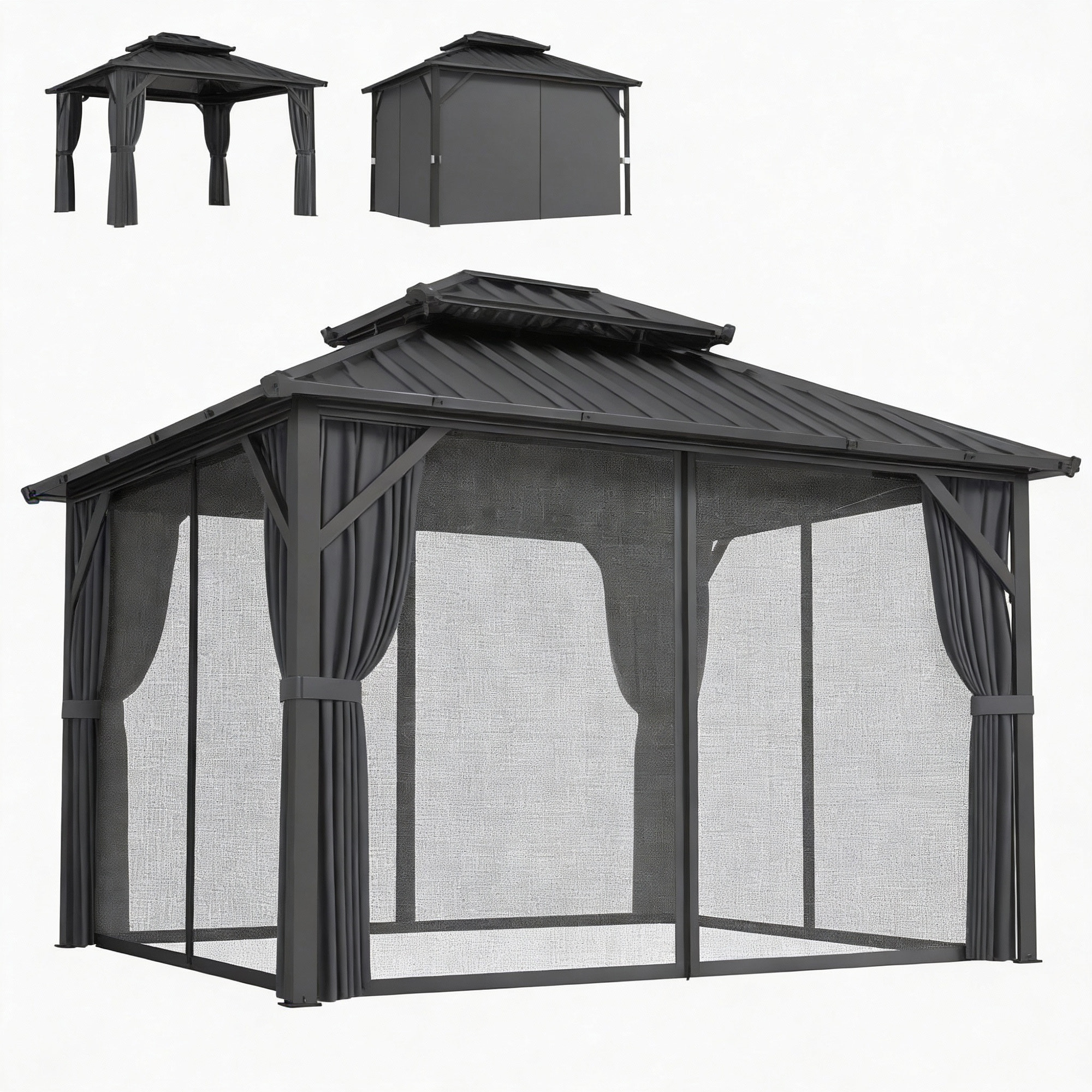 Pavillon de jardin  toit rigide - rideaux et moustiquaire - alu et acier - 3x3,6m - gris foncé