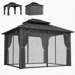 Pavillon de jardin  toit rigide - rideaux et moustiquaire - alu et acier - 3x3,6m - gris foncé