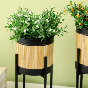 Juego de 2 Soportes para Plantas de Metal Cubierta de Totora Soportes para Macetas Maceteros Redondos para Salón Cocina Dormitorio Ø16x30 cm y Ø14x25,5 cm Negro