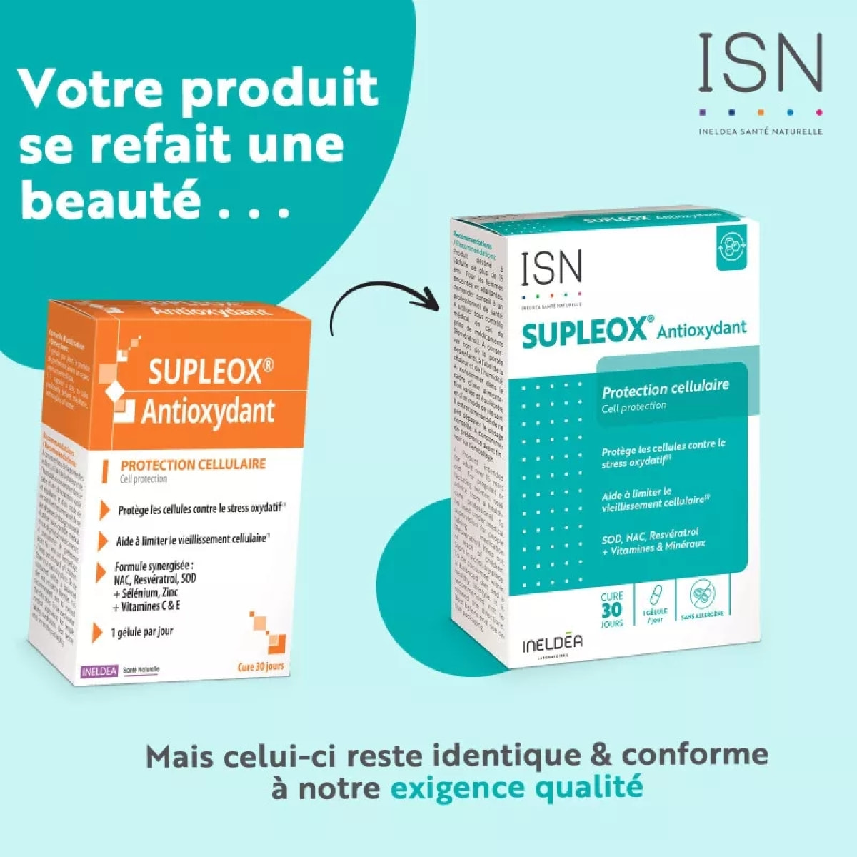 ISN - Ineldea Santé Naturelle Supleox Antioxydant - A base de Resvératrol, NAC, SOD, vitamines C & E - Aide à protéger les cellules contre le stress oxydatif - Cure 30j