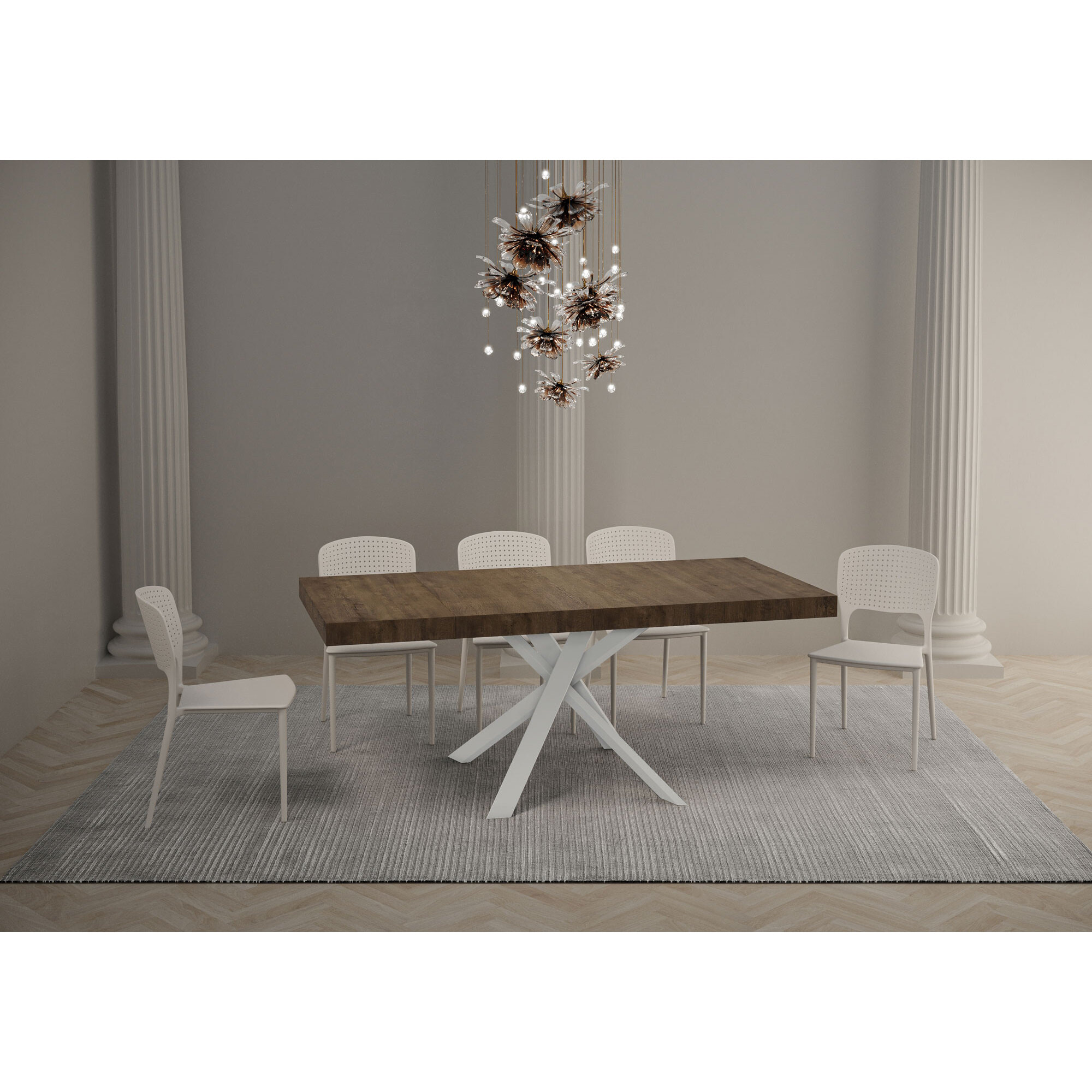 Table extensible 90x90/194 cm Clerk Premium dessus Noyer pieds Blancs