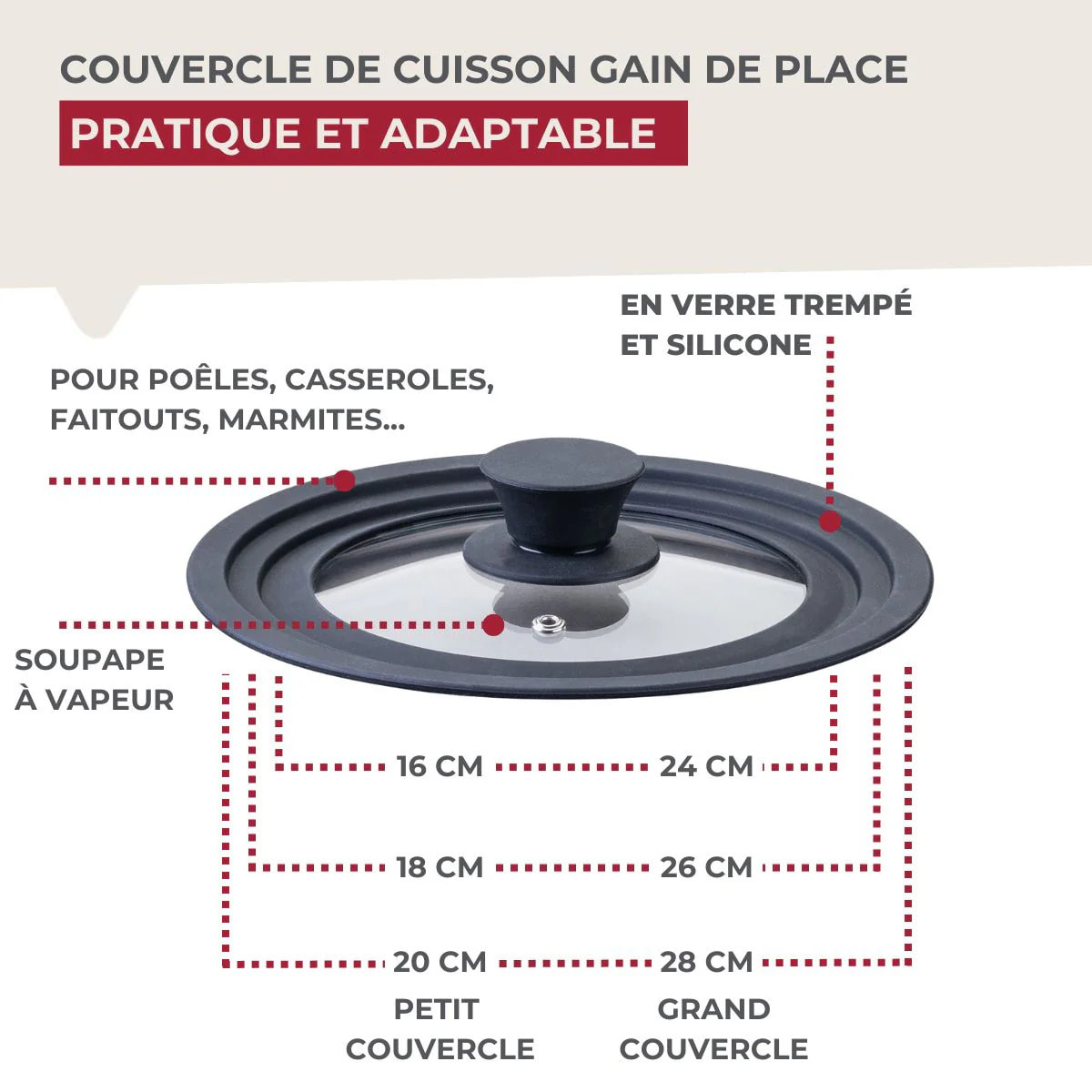 Lot de 2 couvercles de cuisson Fackelmann en verre et silicone, adaptables de 16 à 20 cm et de 24 à 28 cm
