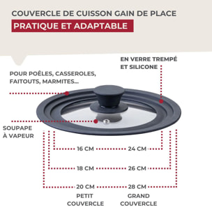 Lot de 2 couvercles de cuisson Fackelmann en verre et silicone, adaptables de 16 à 20 cm et de 24 à 28 cm