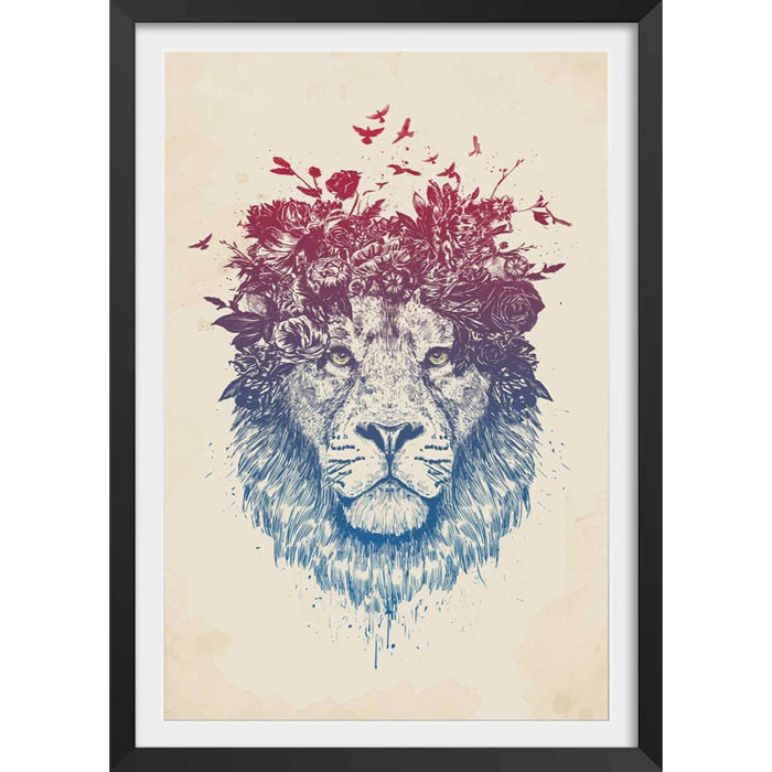 Affiche enfant lion aux fleurs  Affiche + cadre en bois - Noir