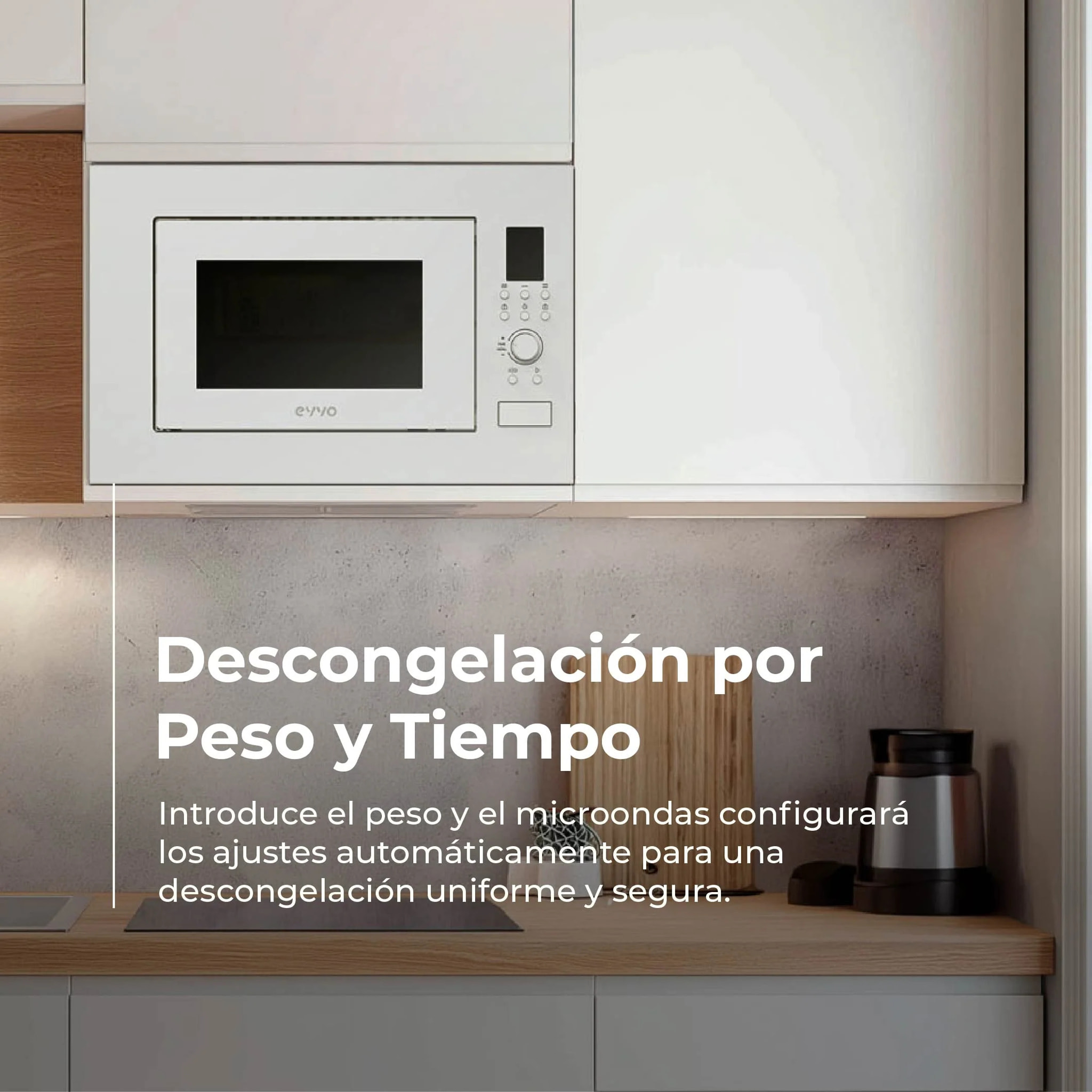 EVVO Microondas integrable Mi40 White, 25L , Grill 1000W, Efecto Brillante, Multifunción, Función Descongelar, Temporizador