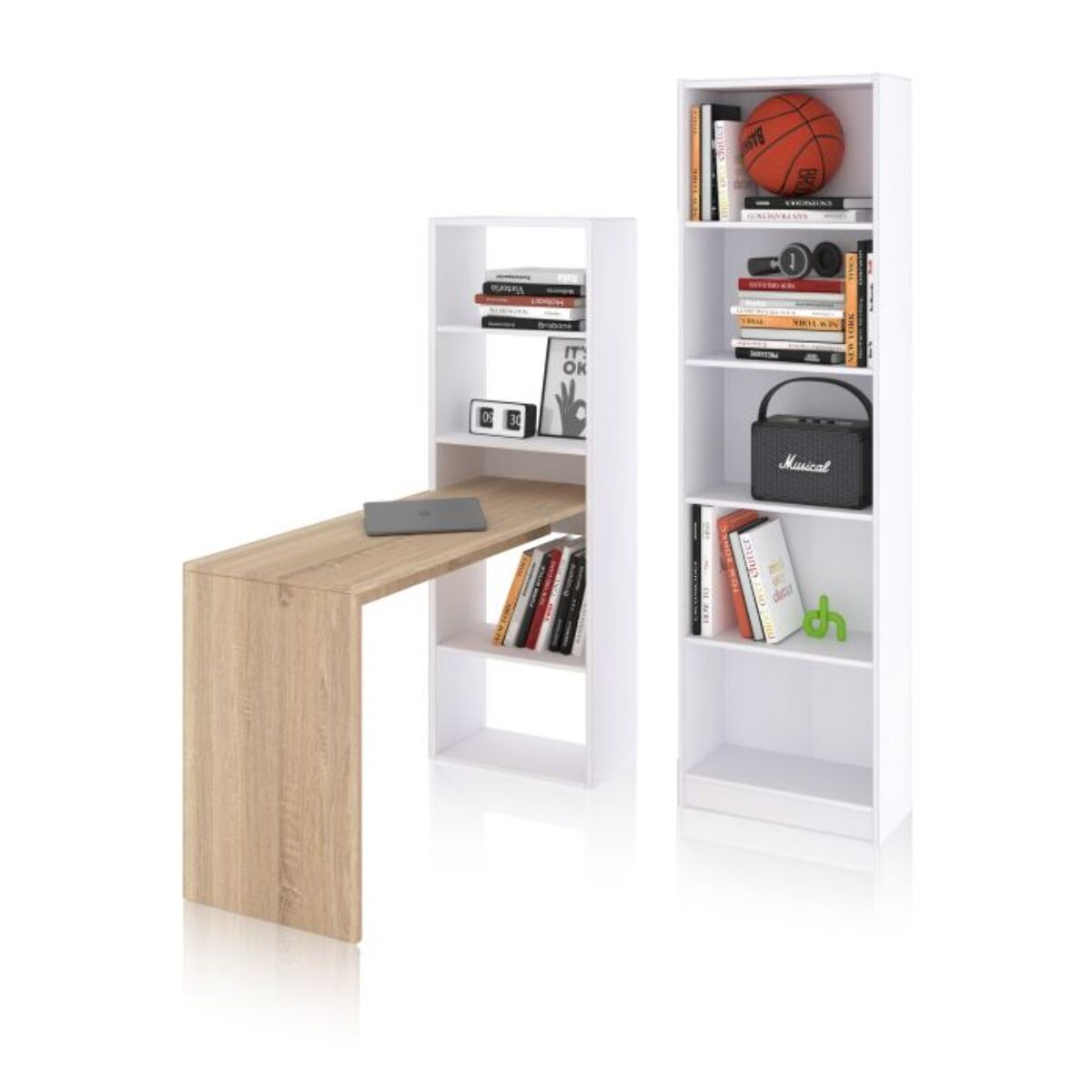 Pack escritorio y estantería Cosmic Plus Blanco Artik (Blanco Mate) - Roble Canadian