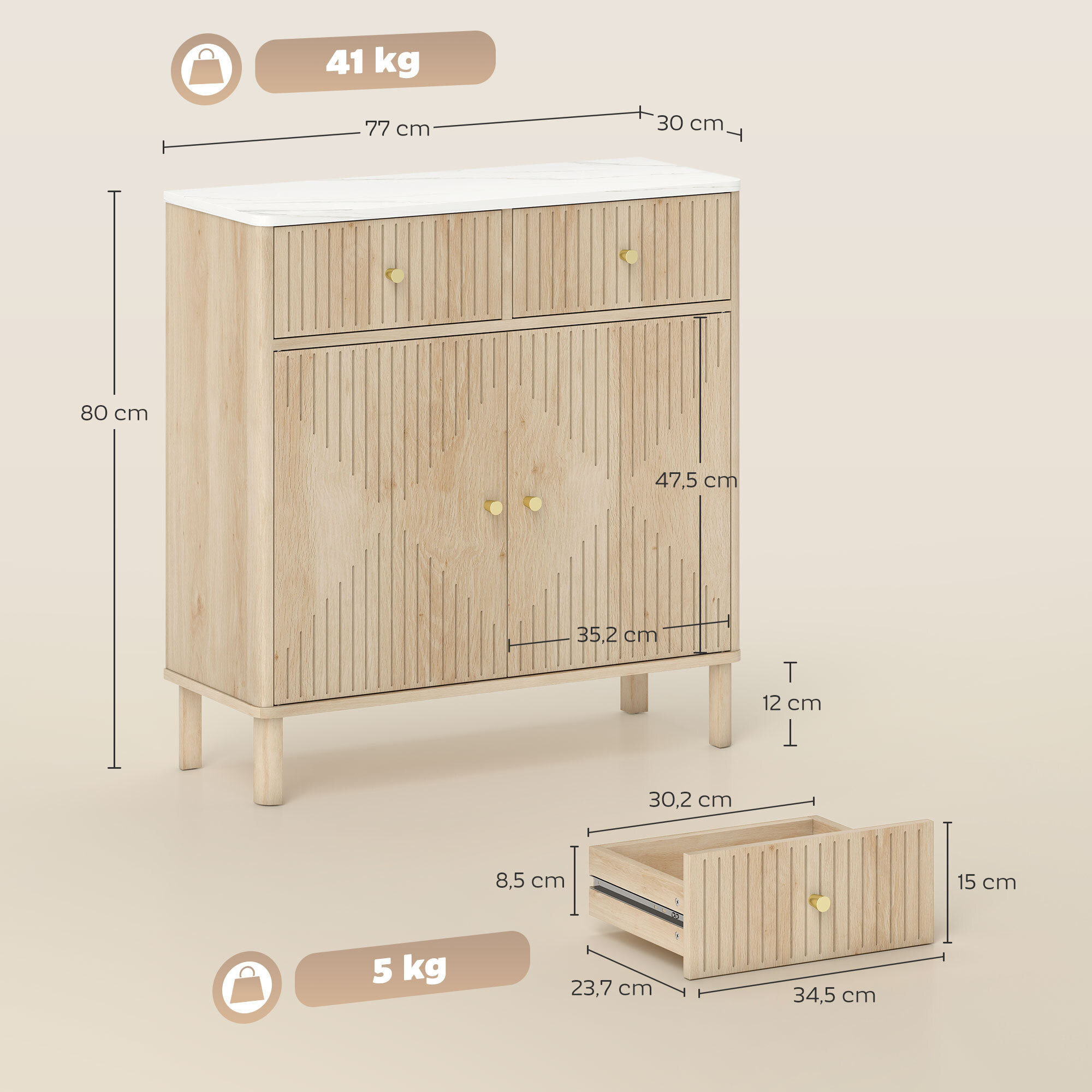 Buffet 2 portes style bois naturel plateau effet marbre blanc dim. 77 x 30 x 80 cm poignées métal doré
