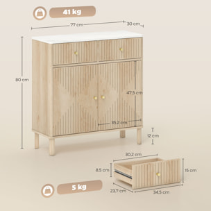 Buffet 2 portes style bois naturel plateau effet marbre blanc dim. 77 x 30 x 80 cm poignées métal doré