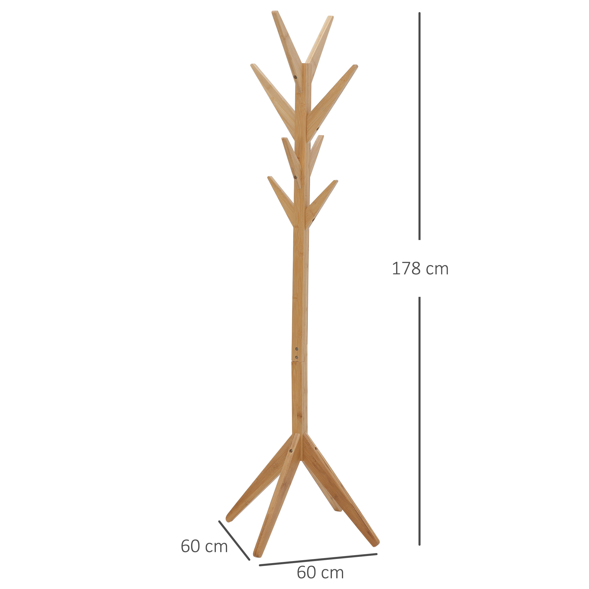 HOMCOM Perchero de Pie de Bambú Tipo Árbol con 8 Ganchos para Colgar Ropa Bolsas Sombreros para Entrada Recibidor Pasillo Salón 60x60x178 cm Natural