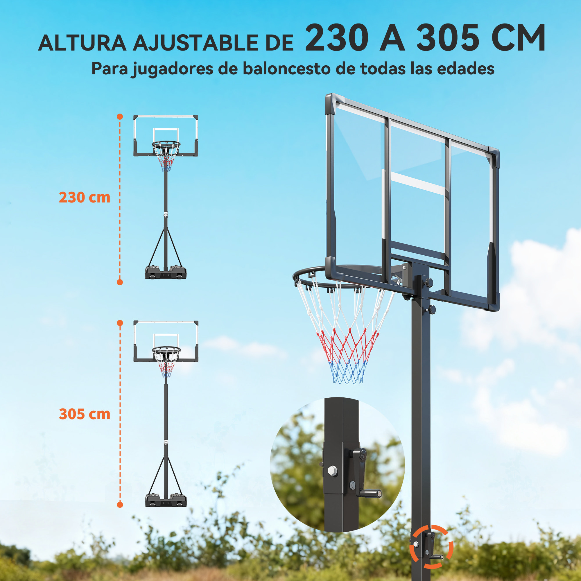 Canasta de Baloncesto para Exterior, Altura Ajustable 230-305 cm, Canasta de Baloncesto Portátil con Marco Plegable, Tablero Irrompible, Ruedas y Base Rellenable, para Adolescentes y Adultos