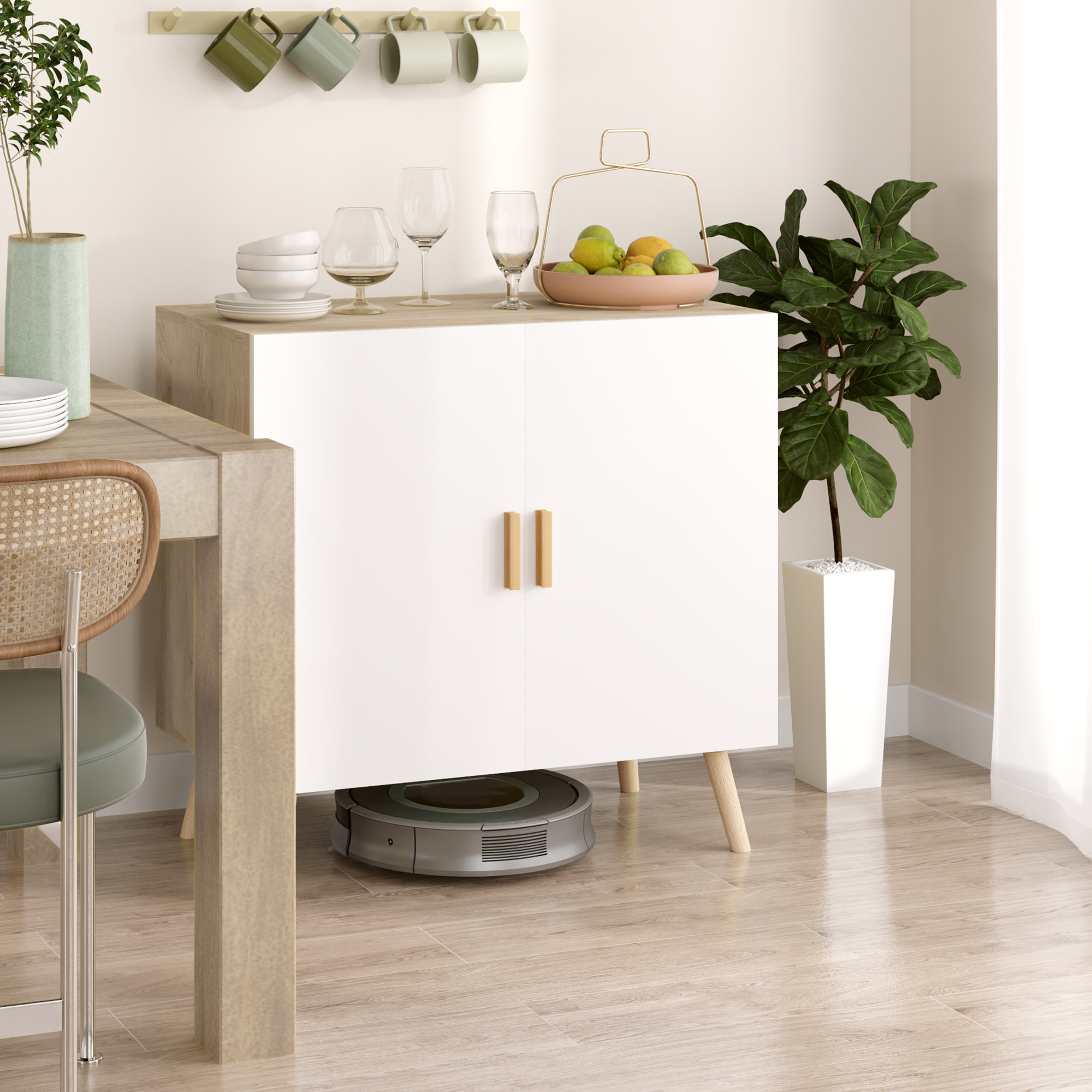 Buffet 2 portes étagère design scandinave - blanc effet chêne clair