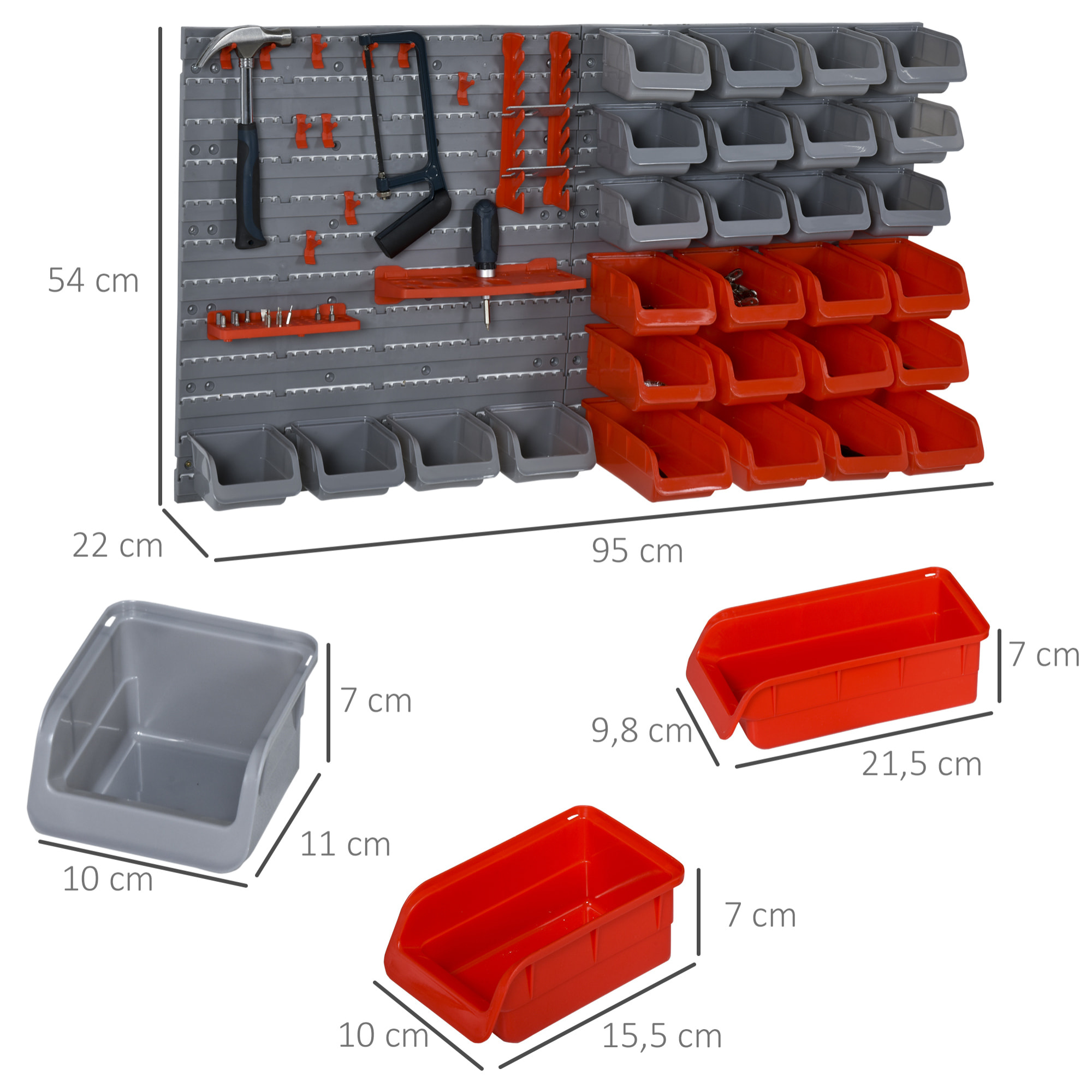 DURHAND Estante de Pared Organizador para Herramientas Estanterías de Almacenaje con 28 Cajas Apilables y Diferentes Ganchos 54x22x95 cm Gris y Rojo